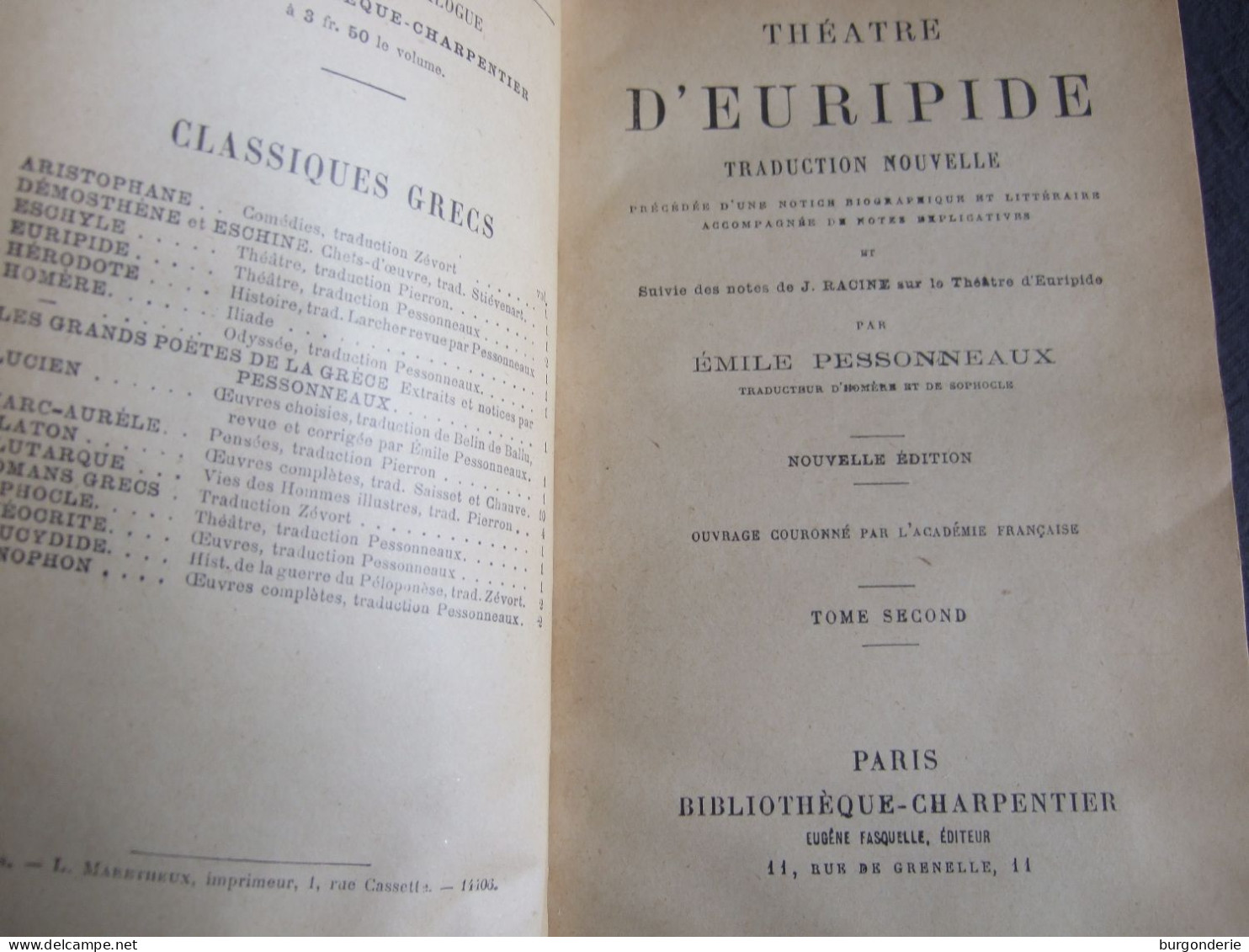 THEATRE D'EURIPIDE / EMILE PESSONNEAUX / LIVRE DE PRIX DU LYCEE CARNOT A PARIS / 1904 / 2 TOMES - Autres & Non Classés