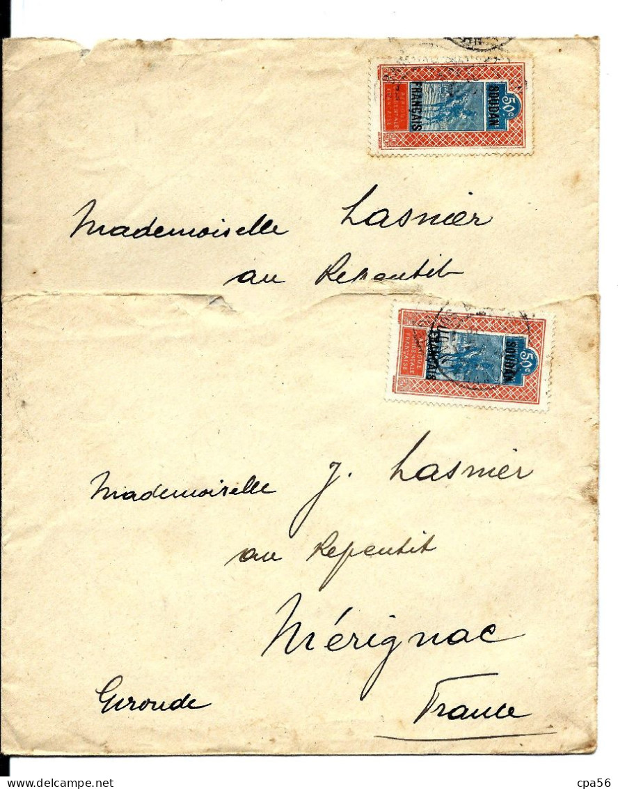Les COLONIES - Années 20 - SURCHARGE SOUDAN Français - 2 Enveloppes Avec Timbre 50c A.O.F. - Archive LASNIER Mérignac - Soudan (...-1951)