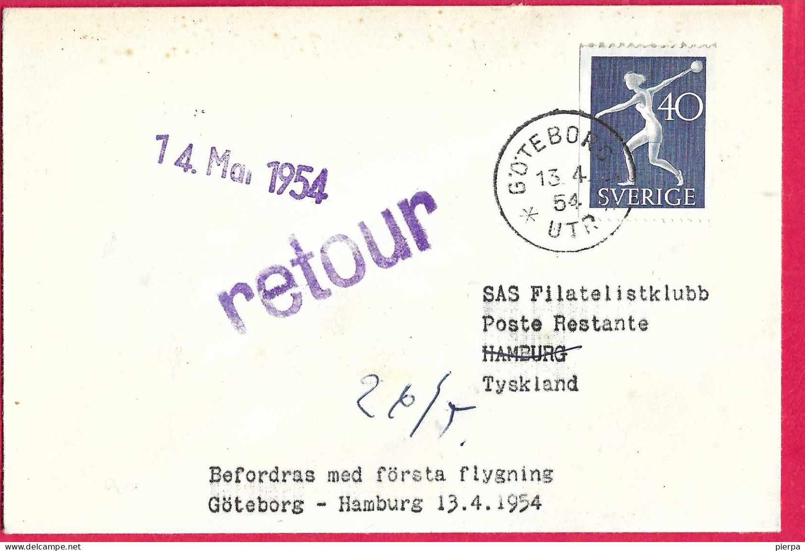 SVERIGE - FIRST FLIGHT FROM GOTEBORG TO HAMBURG * 13.4.54* ON OFFICIAL COVER - Lettres & Documents