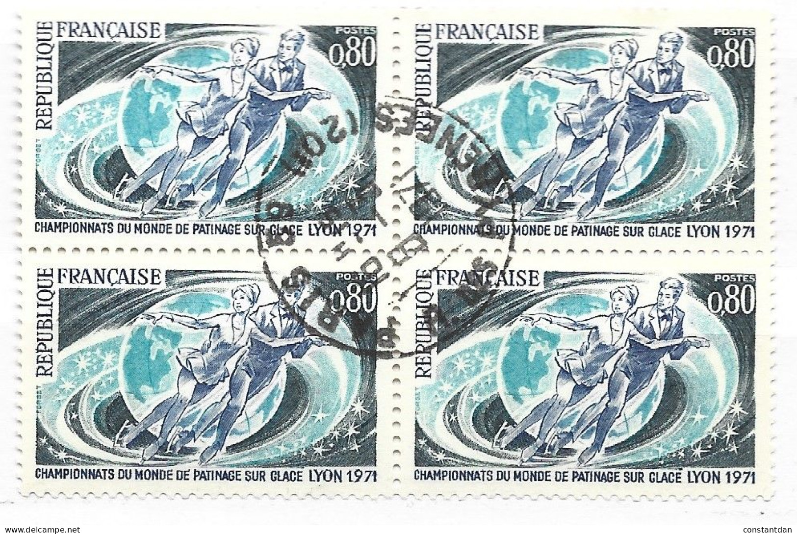 FRANCE N° 1665 80C GRIS CLAIR GRIS ET BLEU CHAPIONNAT DU MONDE SUR GLACE PATINAGE EN COUPLE BLOC DE 4 OBL - Oblitérés