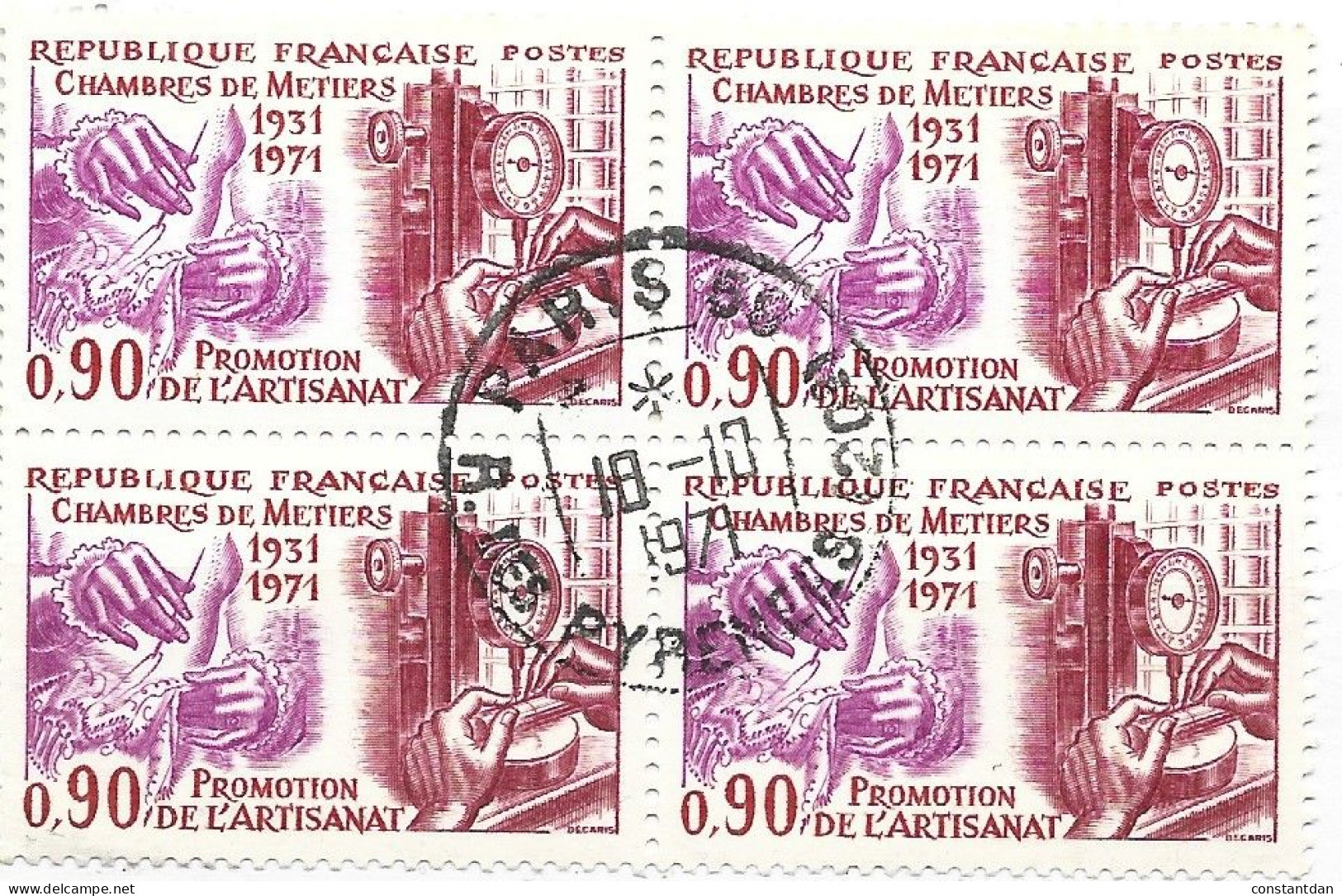 FRANCE N° 1691 0.90 ROUGE FONCE ROUGE ET ROSE CHAMBRE DES METIERS BLOC DE 4 OBL - Used Stamps