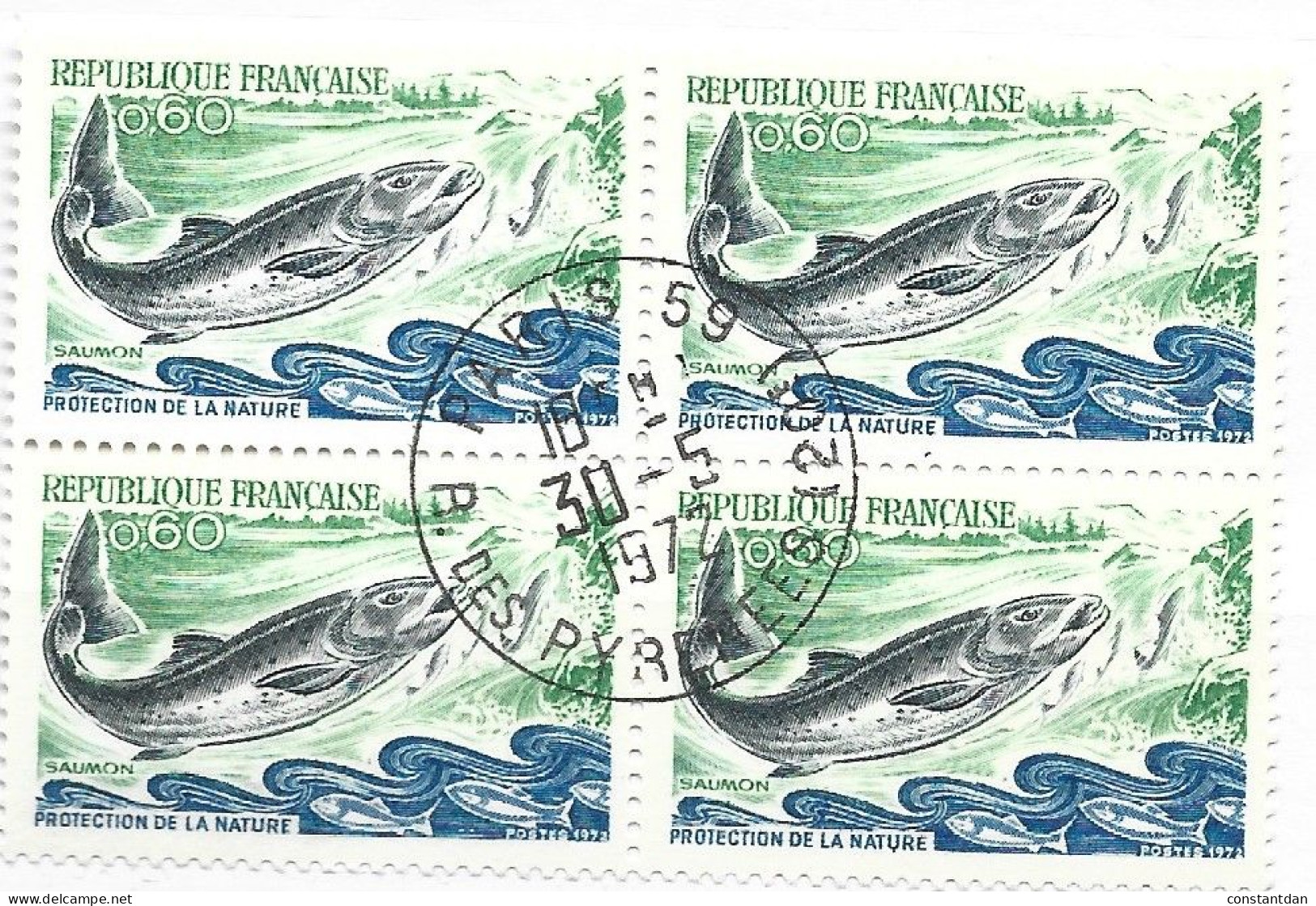 FRANCE N° 1693 0.60 BLEU GRIS ET VERT PROTECTION DE LA NATURE SAUMON BLOC DE 4 OBL - Used Stamps