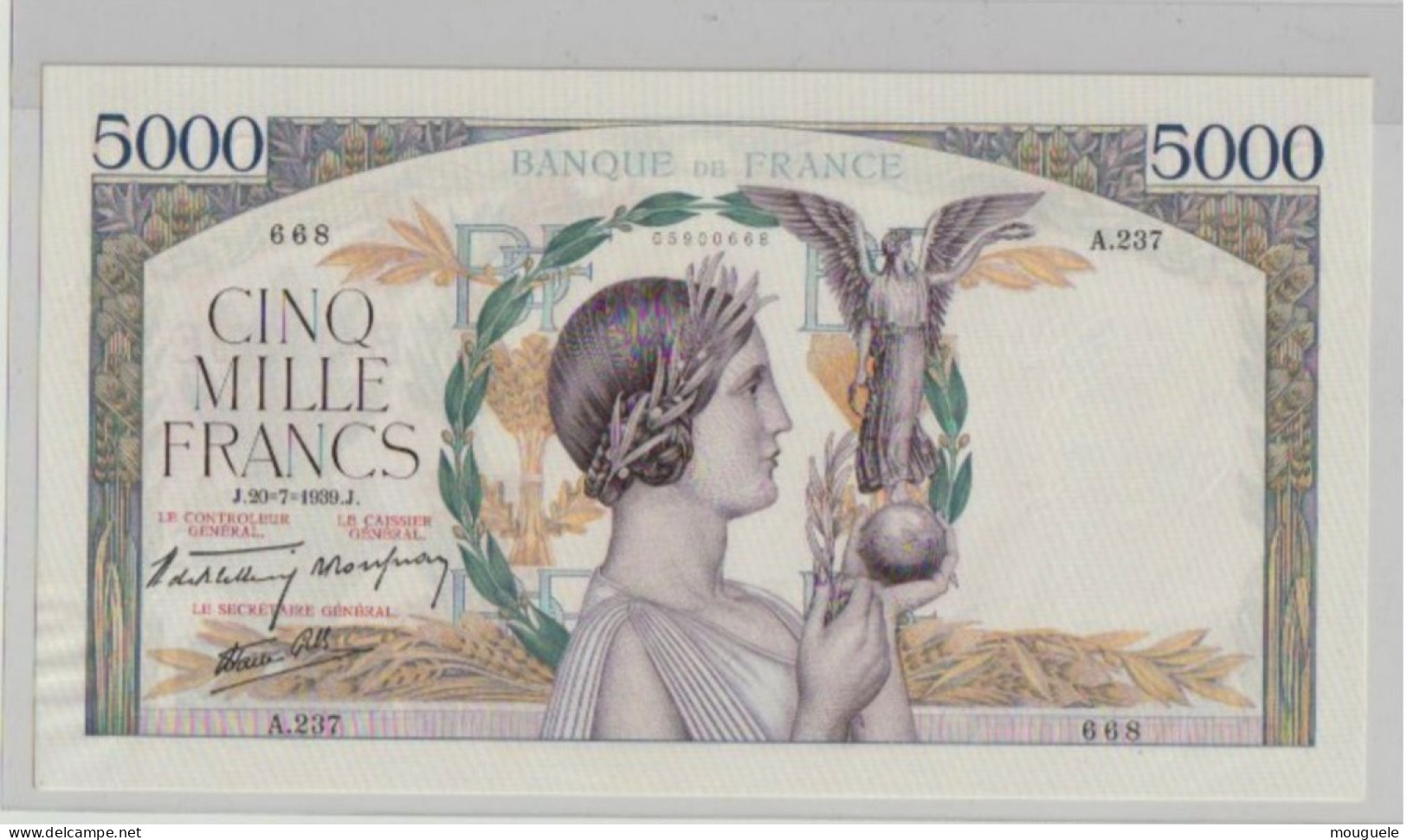 Magnifique Billet 5000 Francs  Victoire Neuf Du 20-7-1939  Lettre  A237 - 5 000 F 1934-1944 ''Victoire''