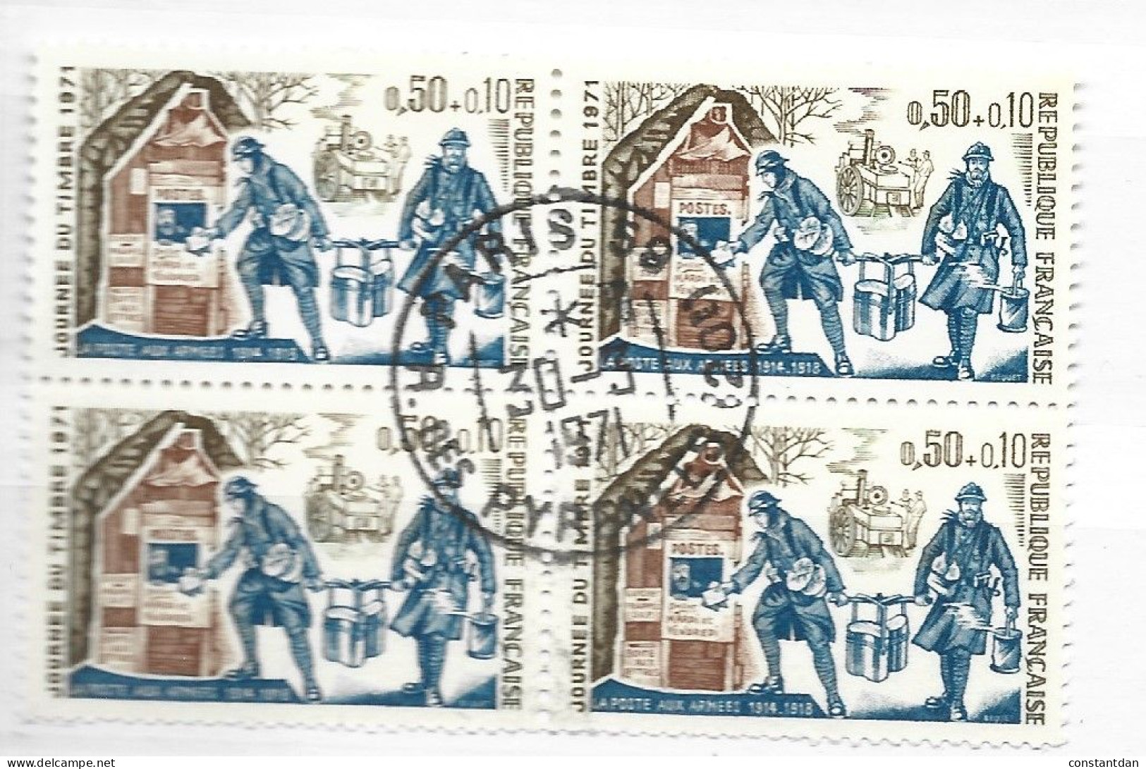 FRANCE N° 1671 50C + 10 BRUN BRUN FONCE ET BKLEU JOURNEE DU TIMBRE LA POSTE AUX ARMEES BLOC DE 4 OBL - Used Stamps