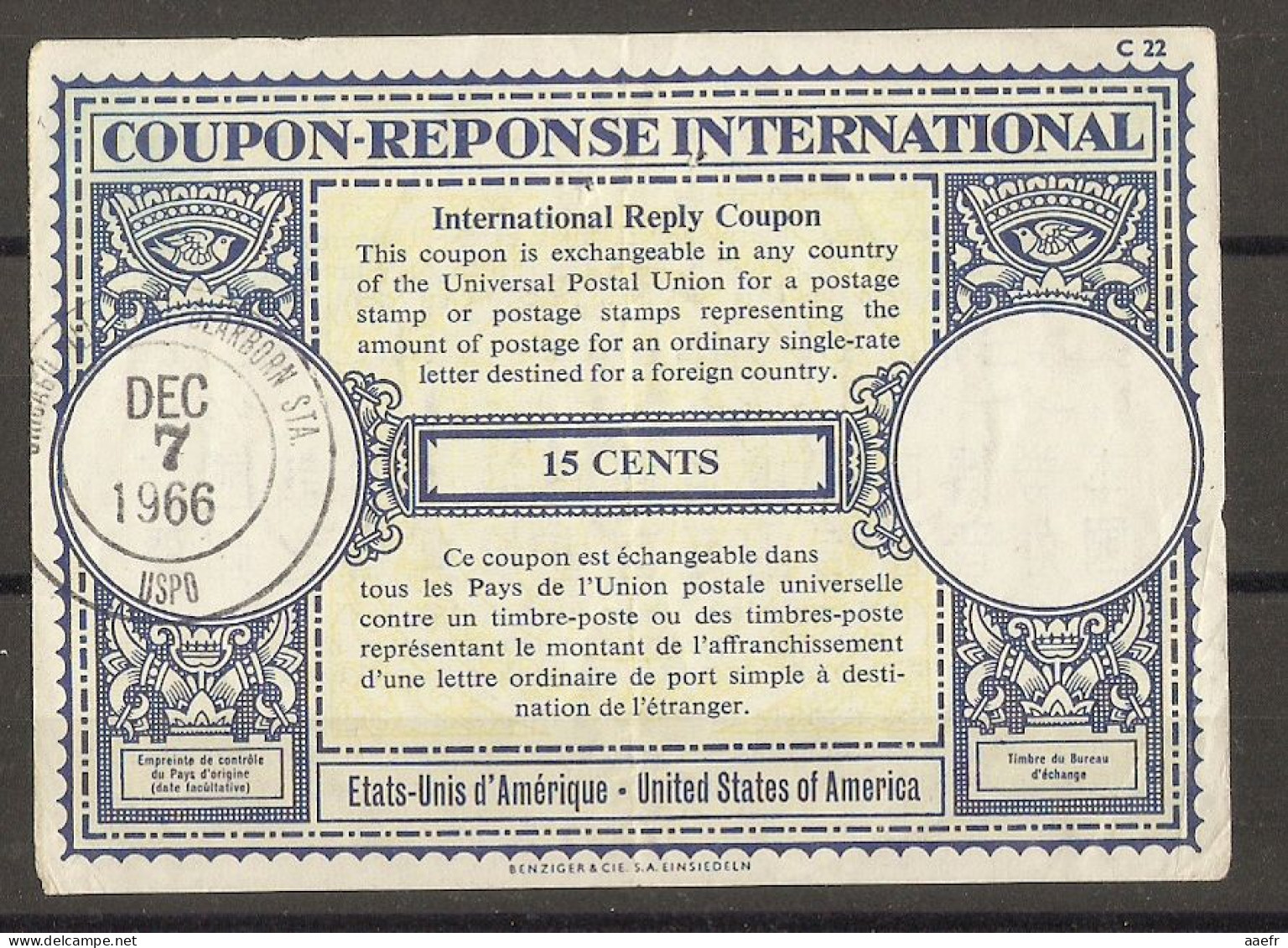 Etats-Unis 1966 - Coupon-réponse International, 15 Cents -  Cachet Chicago - Dearborn Station - 7 Décembre 1966 - Altri & Non Classificati