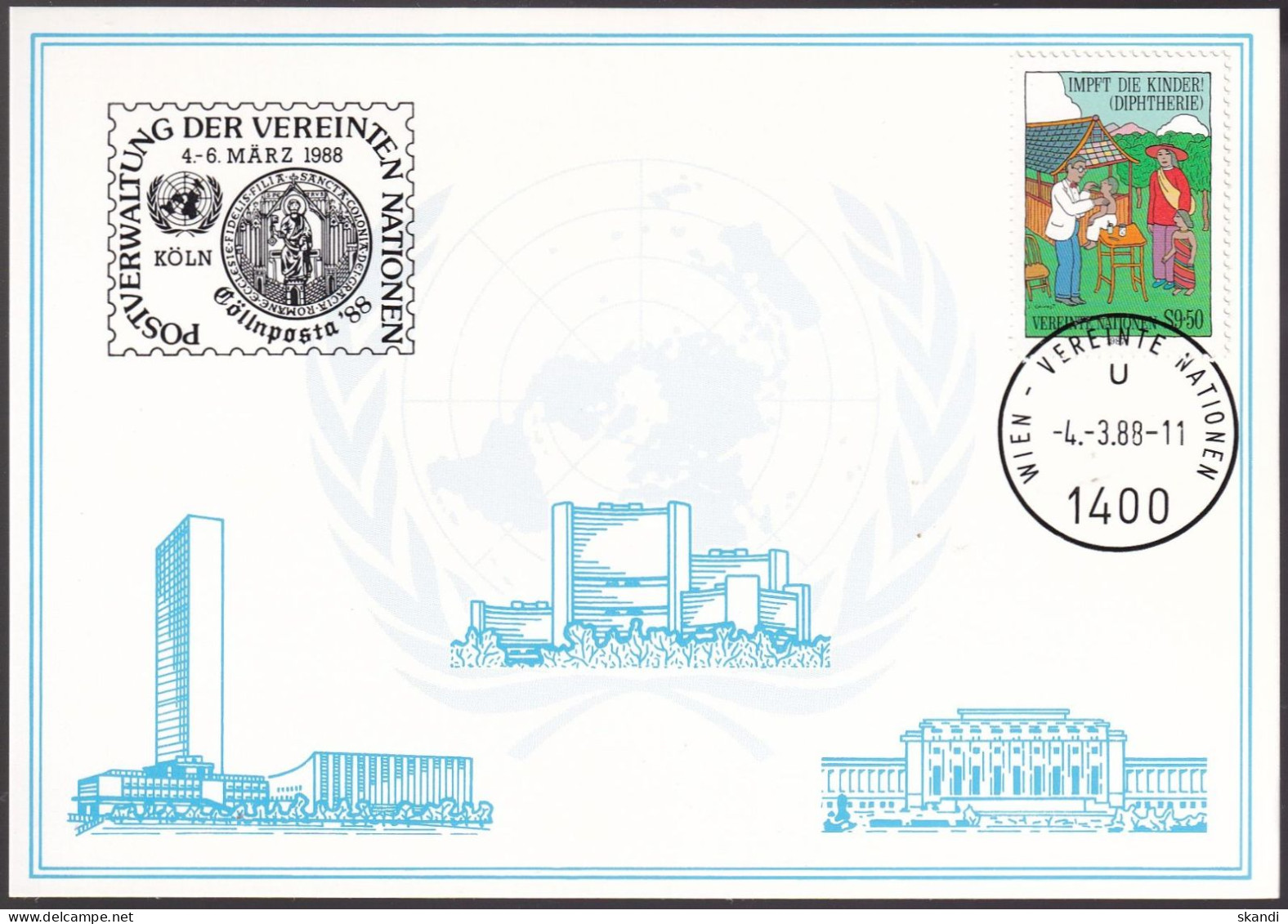 UNO WIEN 1987 Mi-Nr. 72 WEISSE KARTE - KÖLNPOSTA'87 KÖLN 19.11.1987 - Covers & Documents