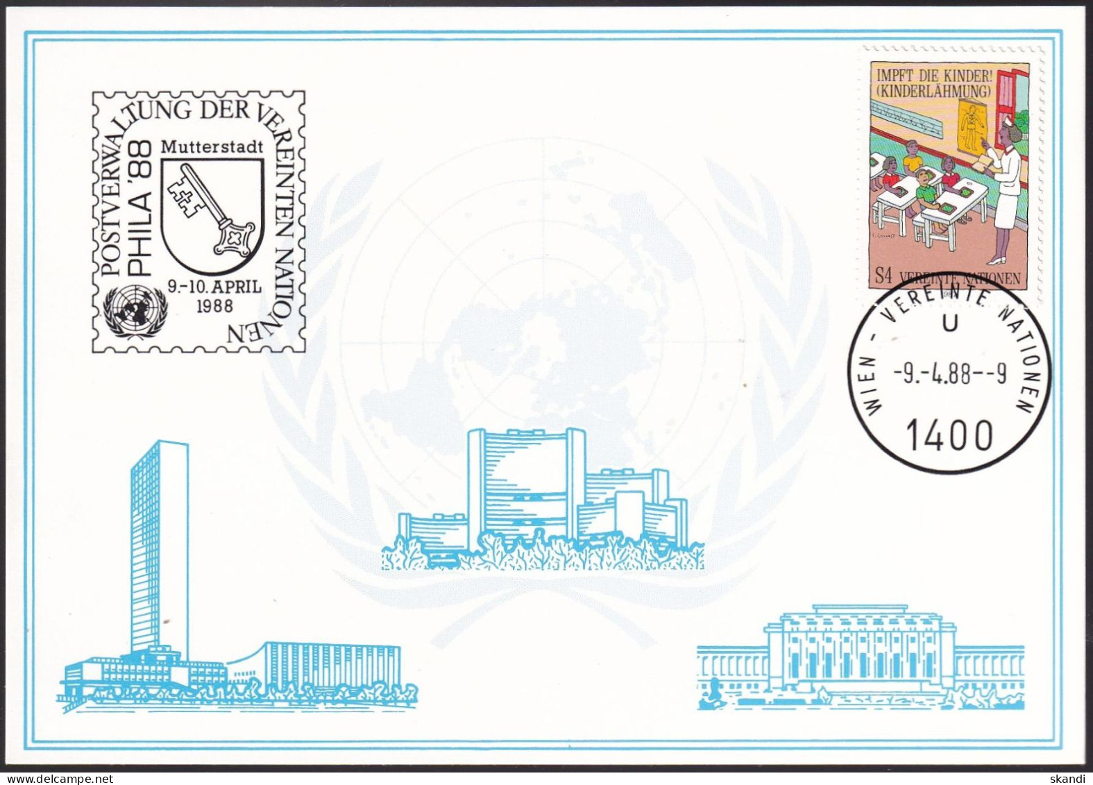 UNO WIEN 1988 Mi-Nr. 74 WEISSE KARTE - PHILA'88 MUTTERSTADT 9.04.1988 - Covers & Documents