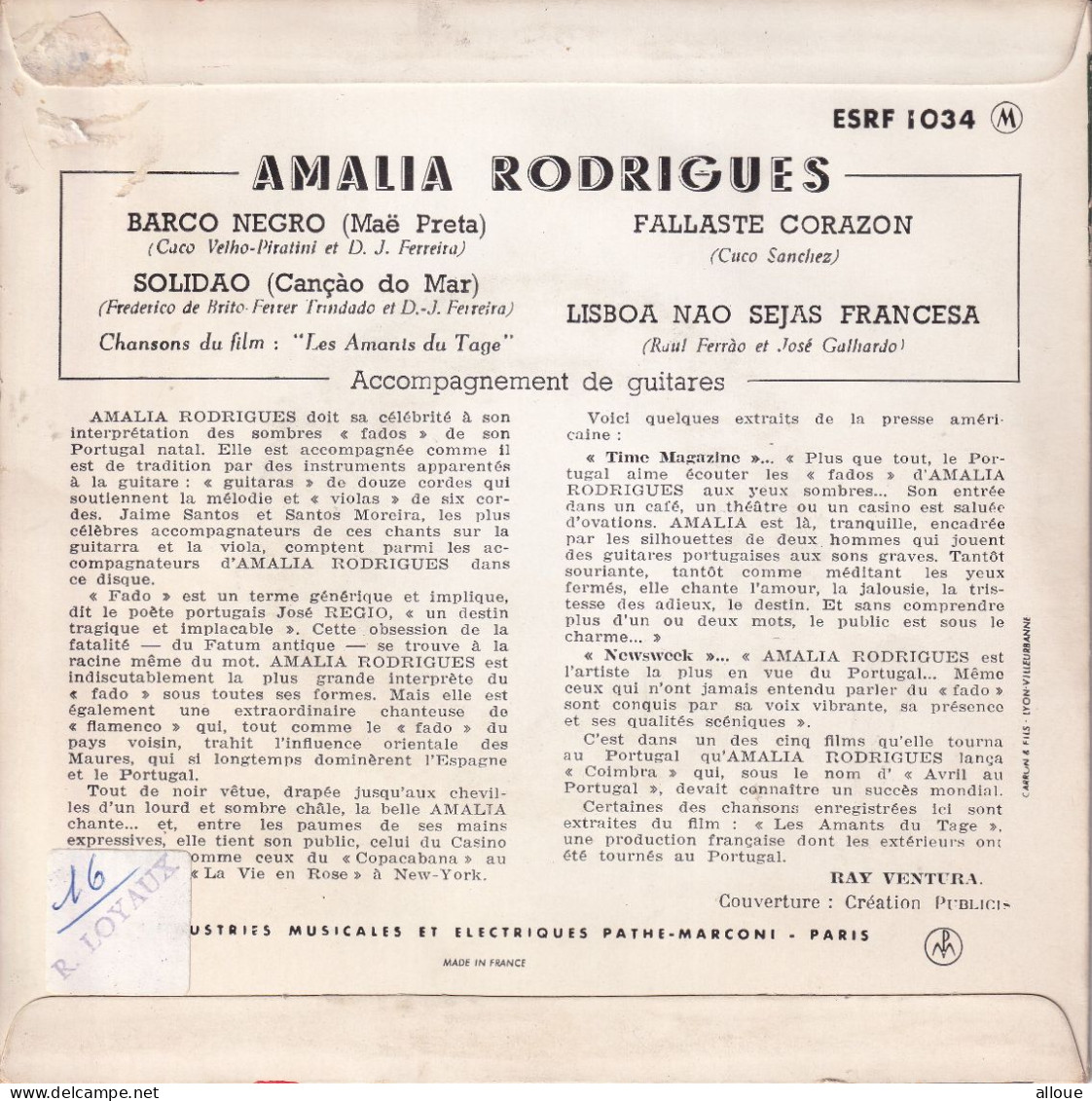 AMALIA RODRIGUES - FR EP  - BARCO NEGRO + 3 - Musiche Del Mondo