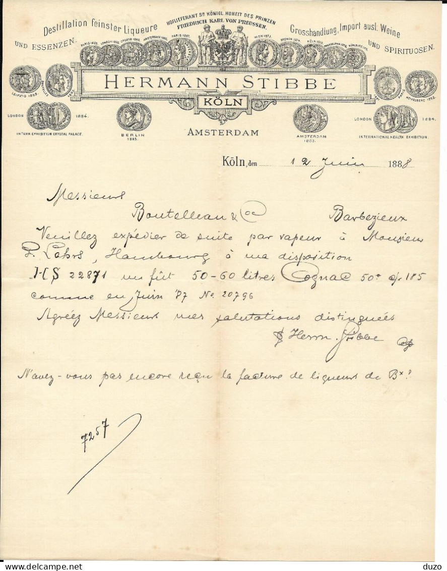 Amsterdam/Köln : Entête  Du 12 Juin 1887 - Destillation Feinster Liqueure - Hermann Stibbe . - Holanda