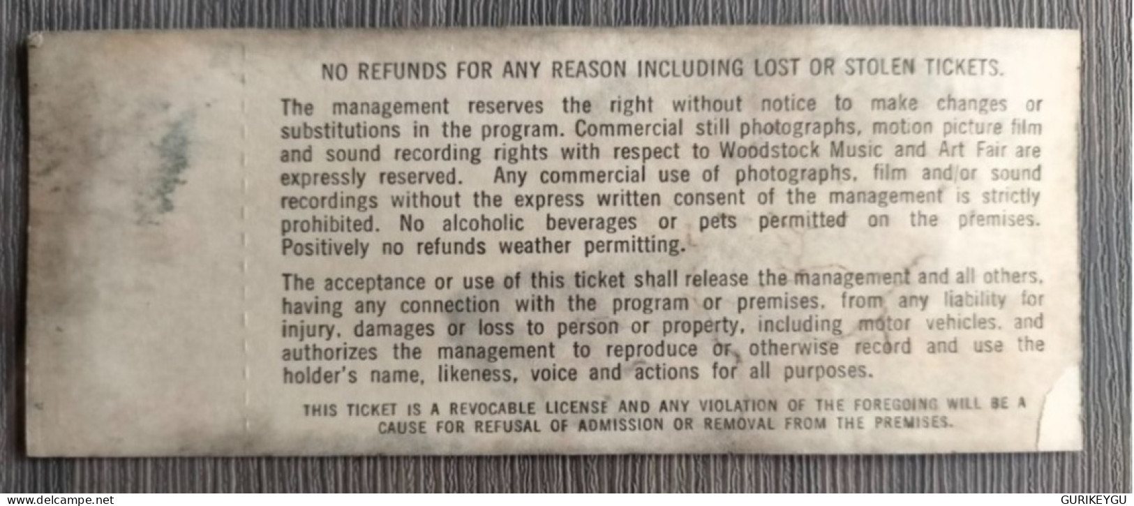 Rarissime Ticket Vintage 17/08/1969 Festival De WOODSTOCK  Music And Art Fair Concert Original N° 00652 D - Tickets De Concerts