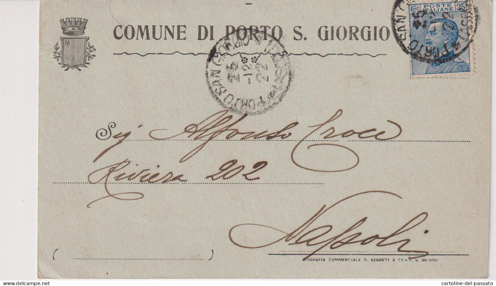 PORTO S. GIORGIO   FERMO COMUNE  25/12/1922 COMMISSARIO PREFETTIZIO  PER NAPOLI - Fermo