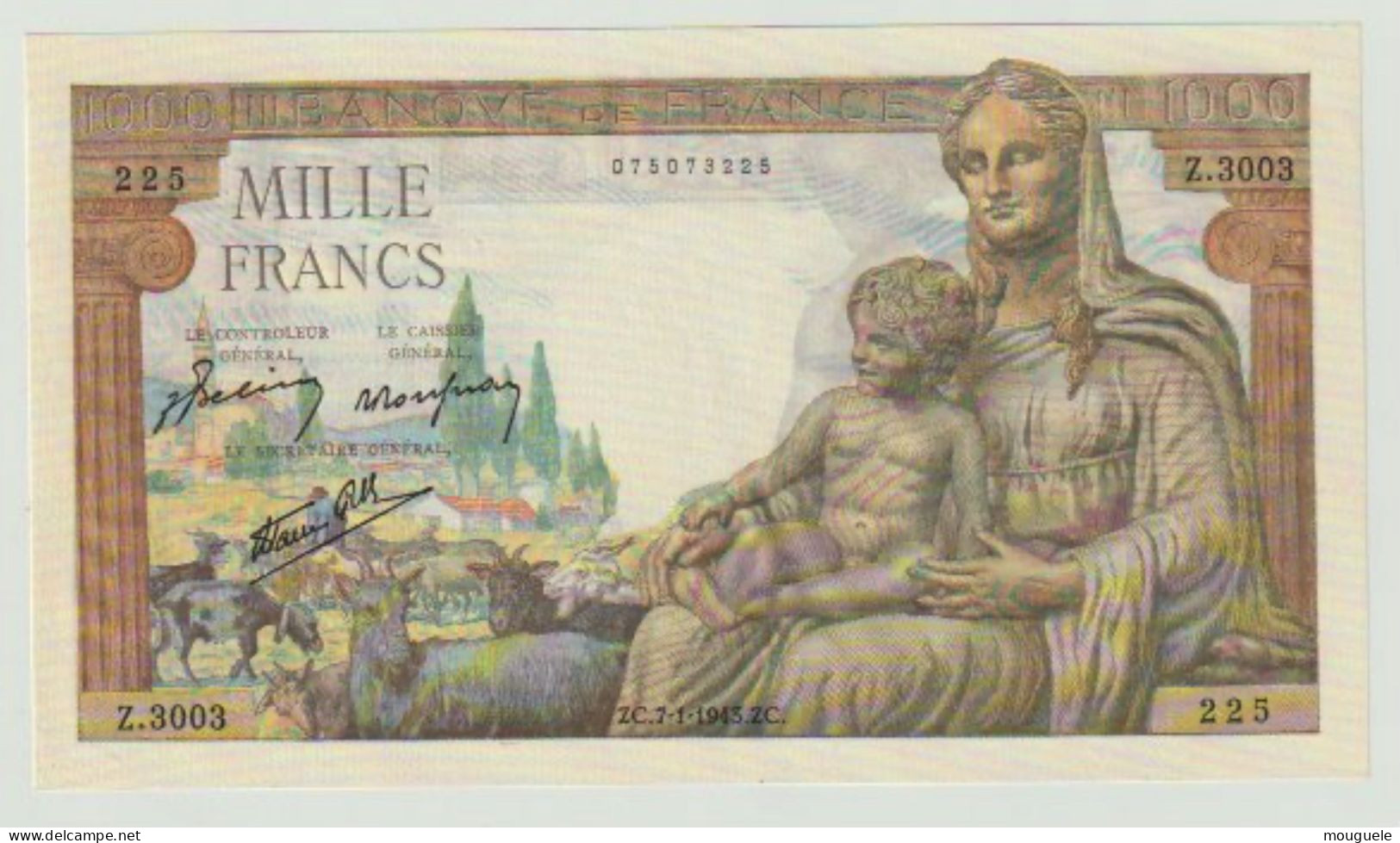 Magnifique Billet 1000 Francs  Déesse Déméter Du 7-1-1943. Neuf - 1 000 F 1942-1943 ''Déesse Déméter''