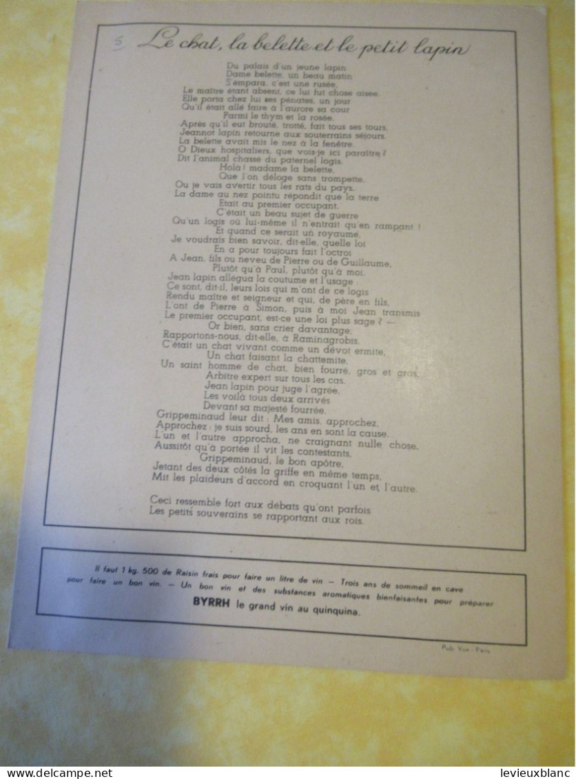 Protège-Cahier Offert Par BYRRH/Belles Fables De La Fontaine /Le Chat, La Belette Et Le Petit Lapin/ 1930-1950    OEN31 - Lebensmittel