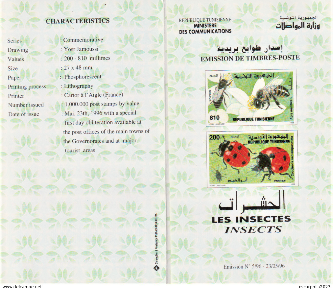 1996 - Tunisie - Y & T 1266 --- 1267 - Les Insectes De Tunisie  -   Prospectus - Abeilles