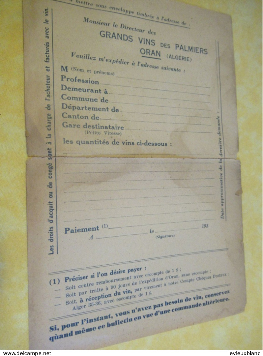 Grands Vins Des Palmiers/Oran (Algérie) / Enveloppe + Bulletin// 1930-1950    OEN30 - Alimentaire