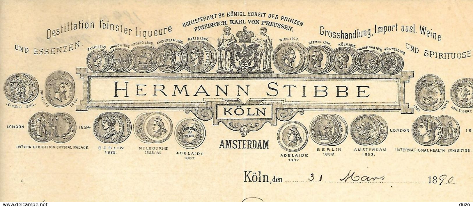 Allemagne - Köln A/RH. Amsterdam - Entête Du 31 Mars 1890 - Hermann Stibbe - Fabrik Feinster Liqueure & Punsche. - 1800 – 1899