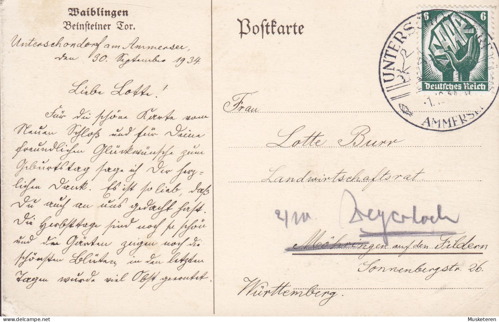 Deutsches Reich PPC Waiblingen Bernsteiner Tor U. Uldinger UNTERSCHONDORF Am Ammersee 1934 REadressed (2 Scans) - Waiblingen