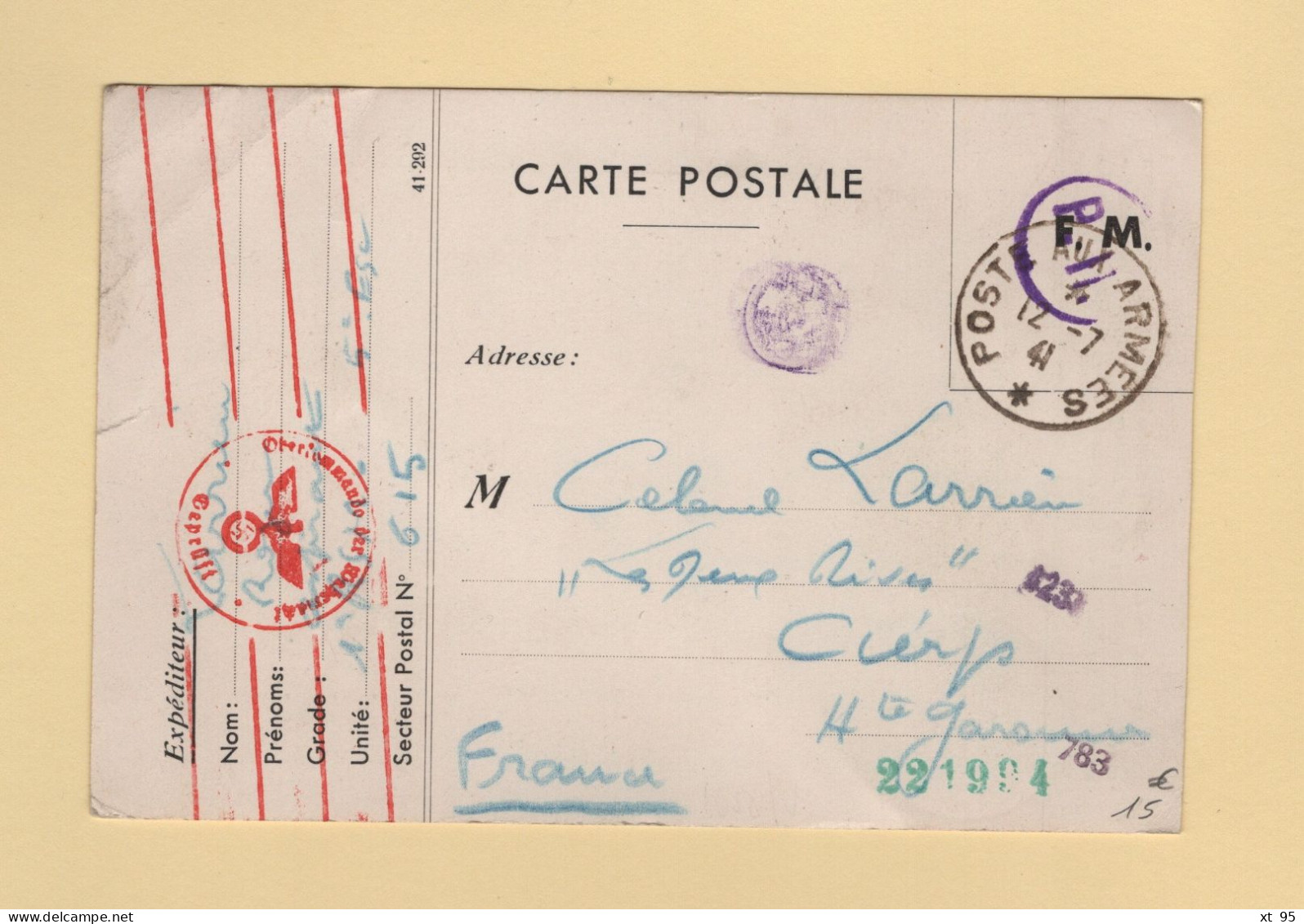 Poste Aux Armees - 12-7-1941 - Secteur Postal 615 Destination France - Censure Allemande - Oorlog 1939-45