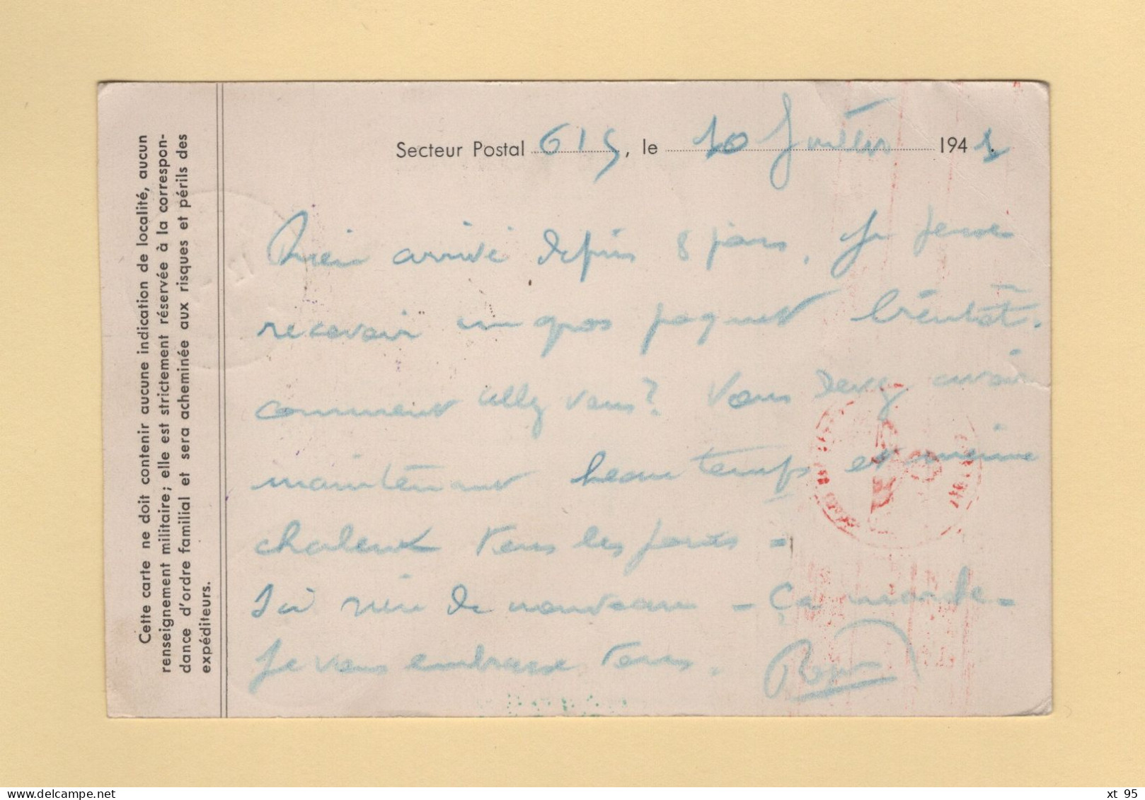 Poste Aux Armees - 12-7-1941 - Secteur Postal 615 Destination France - Censure Allemande - Guerre De 1939-45