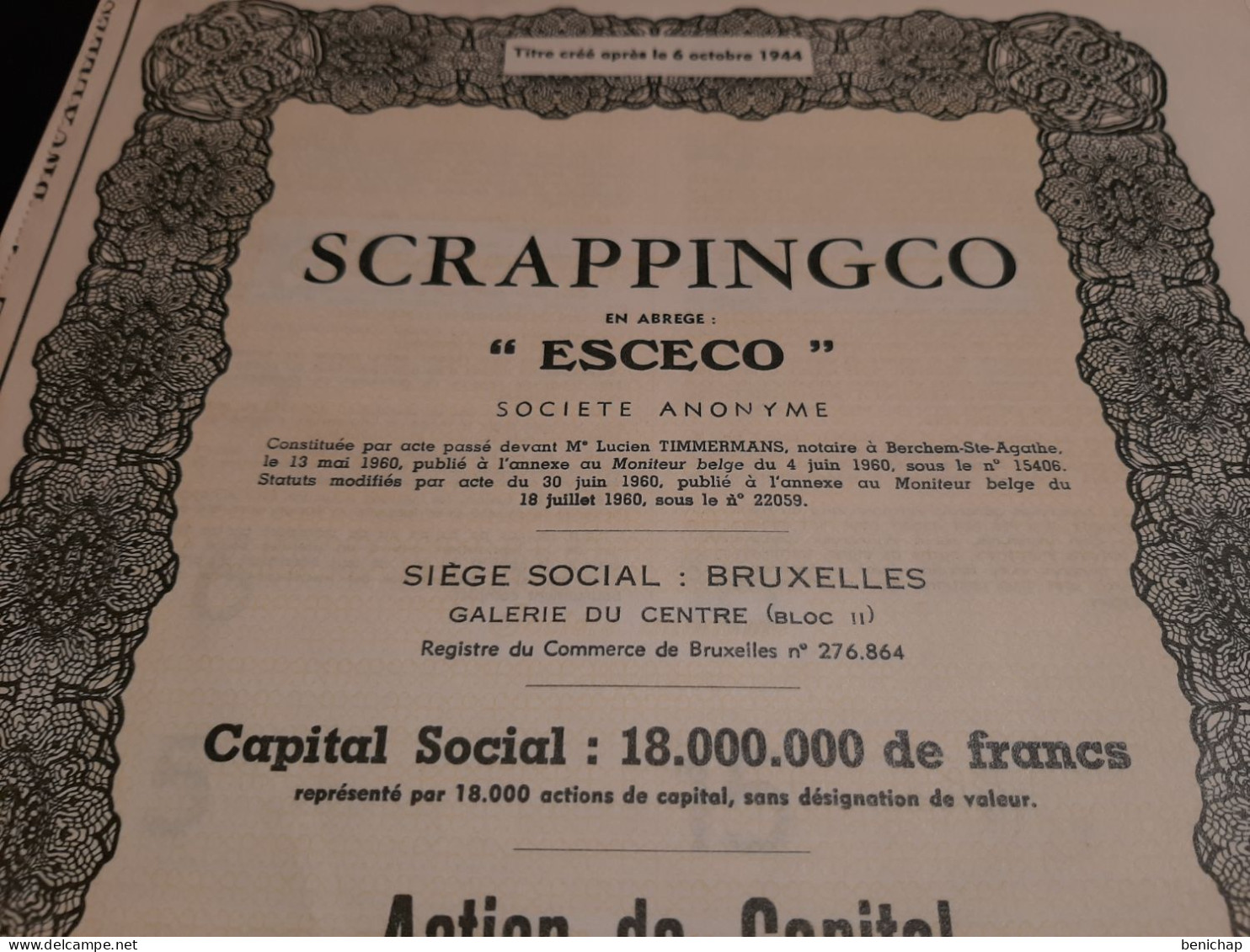 Scrappingco - " ESCECO" - S.A. - Action De Capital Au Porteur Sans Désignation De Valeur - Bruxelles 18 Juillet 1960. - Industrie