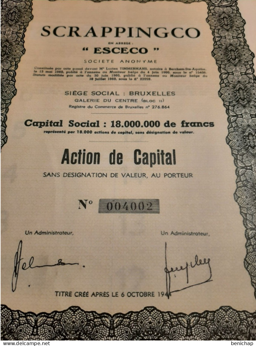 Scrappingco - " ESCECO" - S.A. - Action De Capital Au Porteur Sans Désignation De Valeur - Bruxelles 18 Juillet 1960. - Industrie