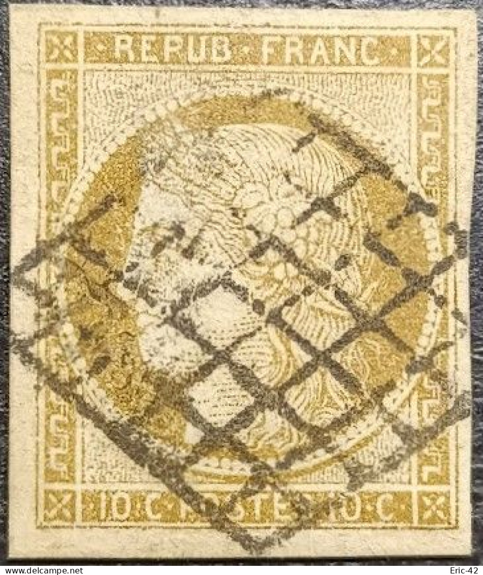 FRANCE Y&T N°1. Cérès 10c Bistre-jaune. Oblitéré Grille Noir. - 1849-1850 Ceres