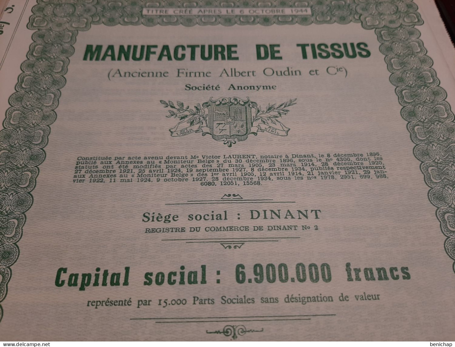 Manufacture De Tissus S.A. - Firme Albert Oudin Et Cie - Part Sociale Dans Désignation De Valeur - Dinant  Après 1944. - Industrie