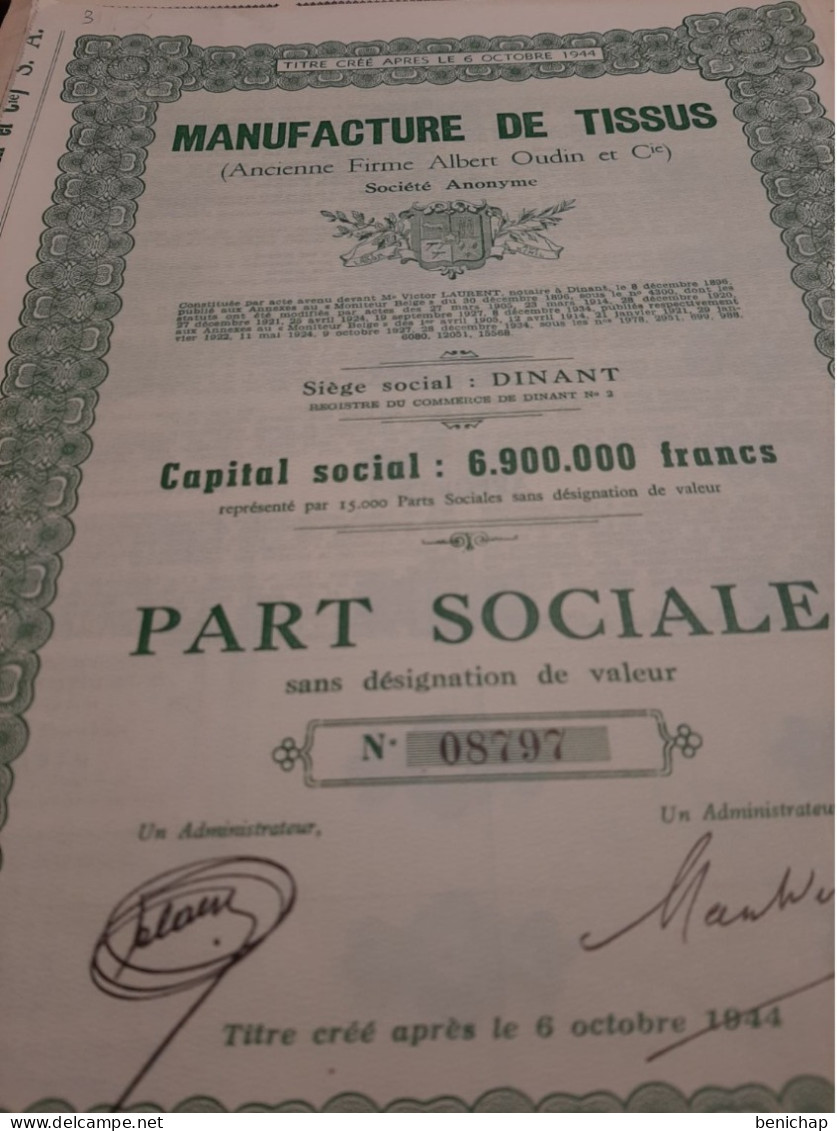 Manufacture De Tissus S.A. - Firme Albert Oudin Et Cie - Part Sociale Dans Désignation De Valeur - Dinant  Après 1944. - Industrie