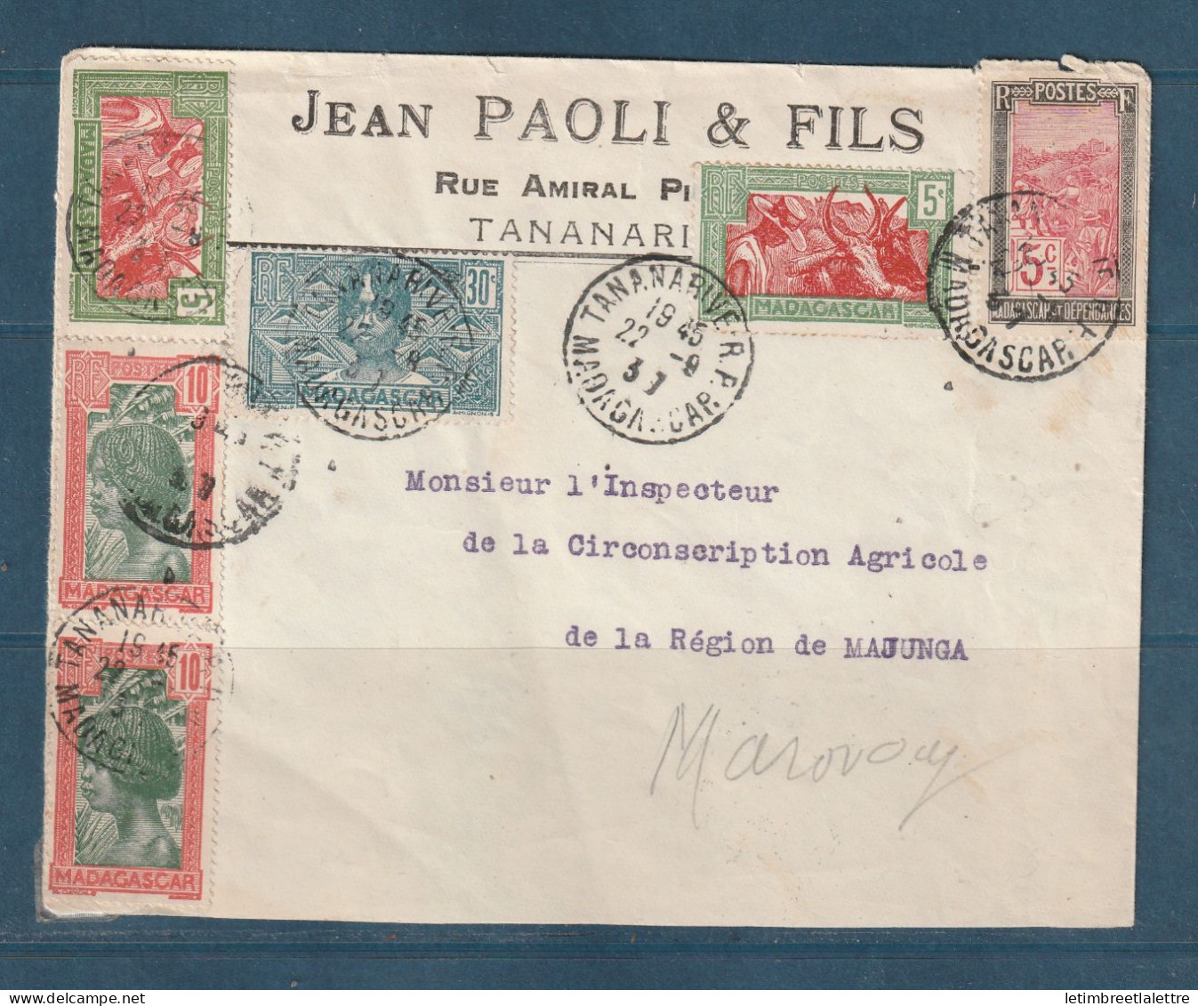 Madagascar - Tananarive Pour La Région De Majunga - Sur Lettre à Entête Publicitaire Jean Paoli Et Fils - 1937 - Covers & Documents
