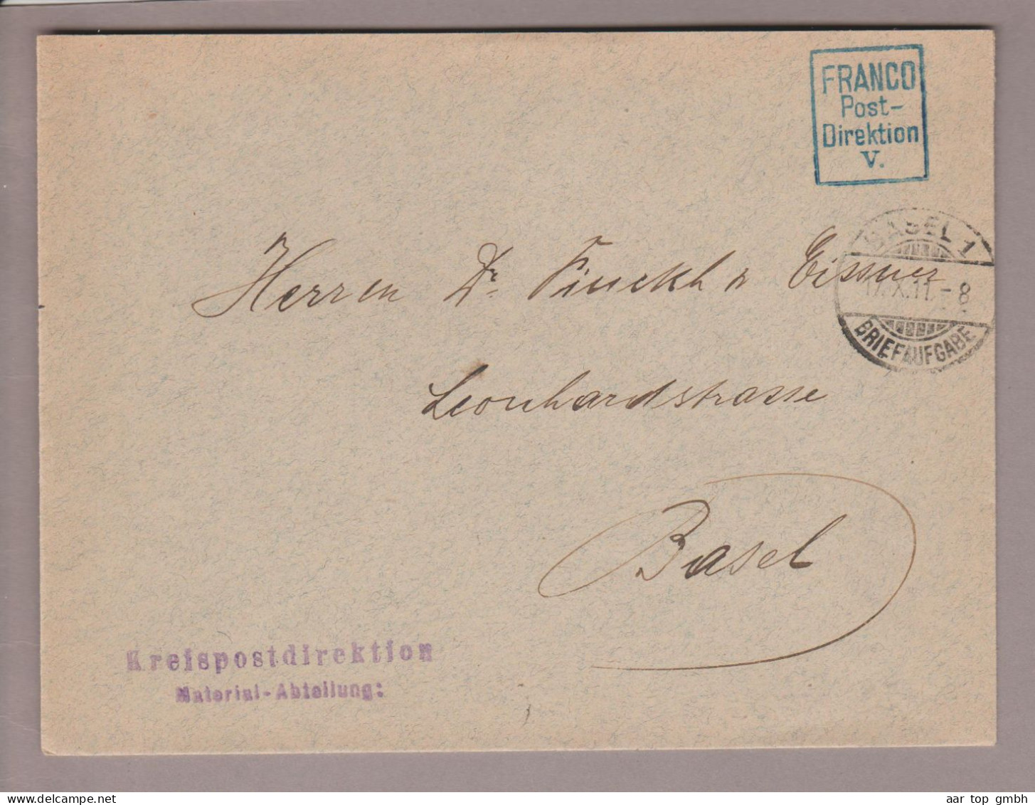 Schweiz Franco 1911-10-11 Basel1 Blauer 4-eckiger "Franco Postdirektion V" Stempel Auf Ortsbrief - Frankiermaschinen (FraMA)