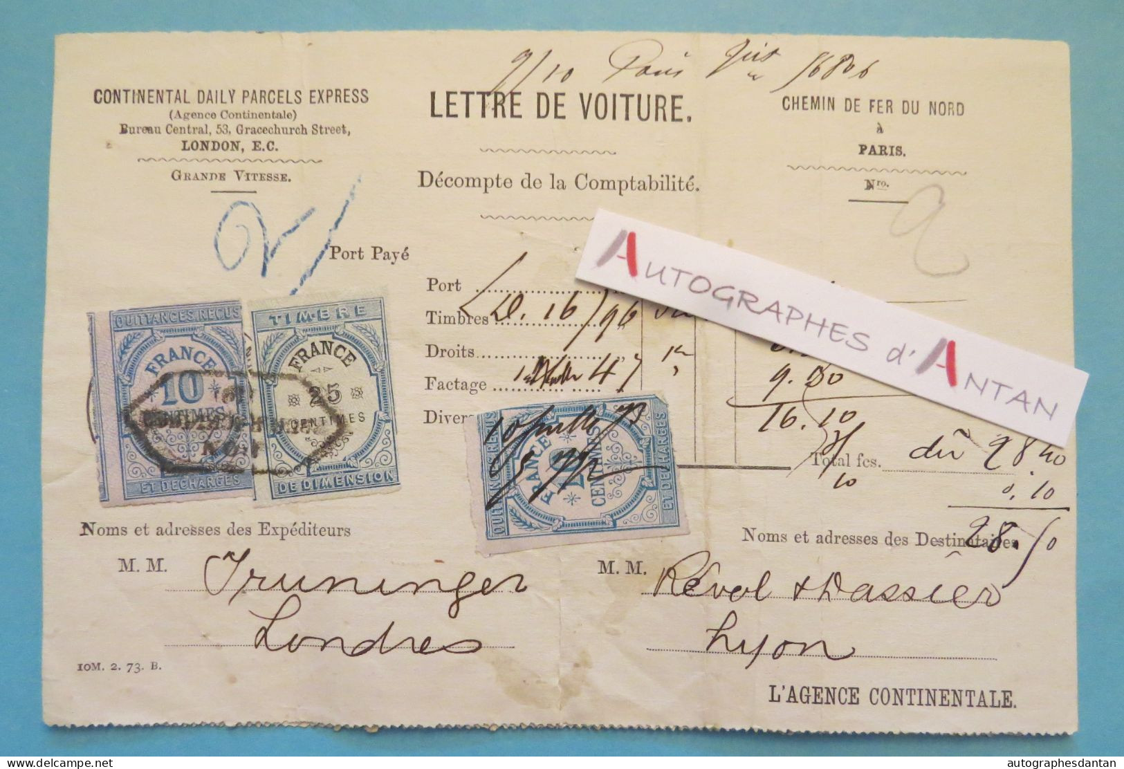 ● Lettre De Voiture Chemin De Fer Du Nord Bureau De Londres 3 Timbres Fiscaux - London Continental Daily Parcels Express - Royaume-Uni