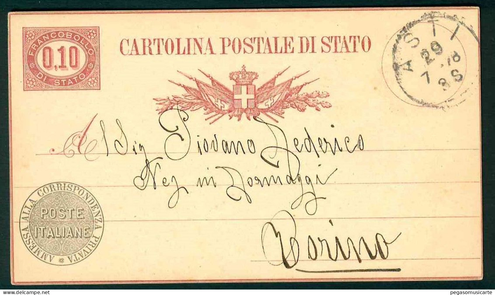 VZ095 -  CARTOLINA POSTALE DI STATO CENTESIMI 0,10-  STORIA POSTALE - 1878 TORINO - INTERO POSTALE - Entiers Postaux