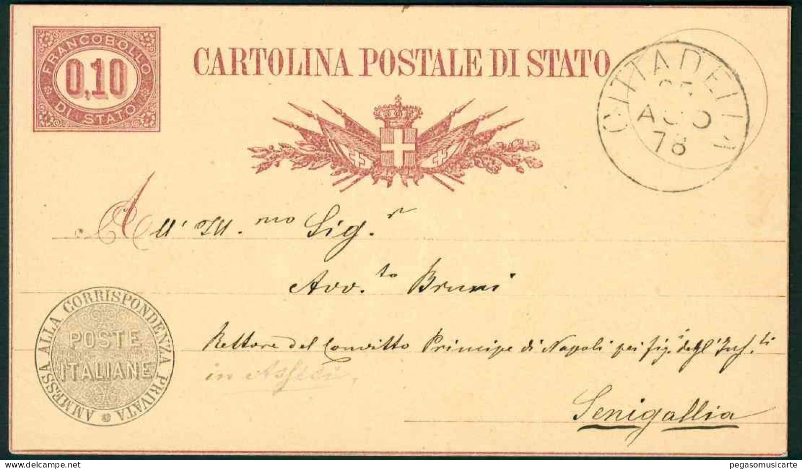 VZ096 -  CARTOLINA POSTALE DI STATO CENTESIMI 0,10-  STORIA POSTALE - 1876 CITTADELLA PADOVA SENIGALLIA - INTERO POSTALE - Entero Postal