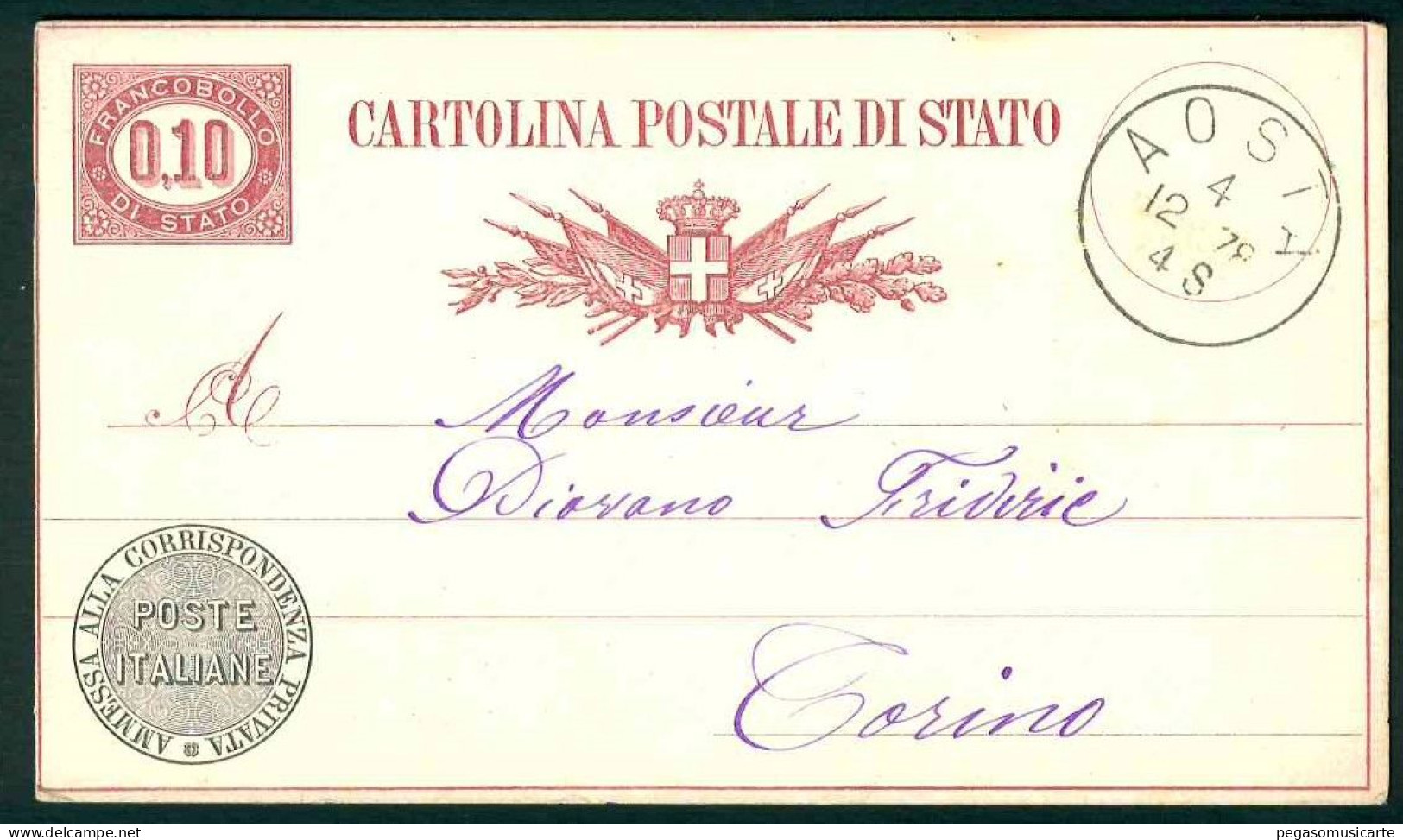 VZ097 - CARTOLINA POSTALE DI STATO CENTESIMI 0,10 - STORIA POSTALE - 1878 AOSTA TORINO - INTERO POSTALE - Postwaardestukken