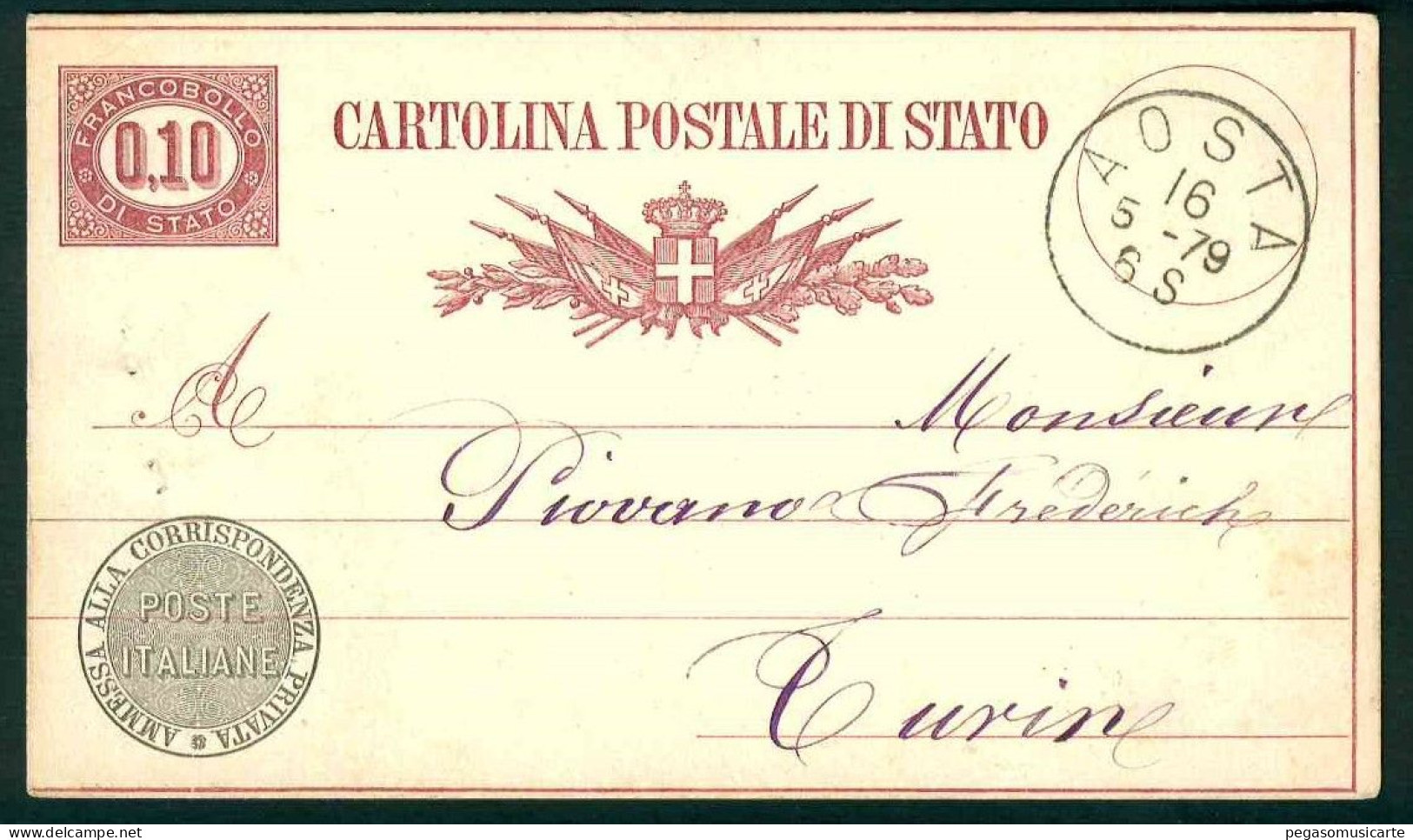 VZ098 - CARTOLINA POSTALE DI STATO CENTESIMI 0,10 - STORIA POSTALE - 1879 AOSTA TORINO - INTERO POSTALE - Postwaardestukken
