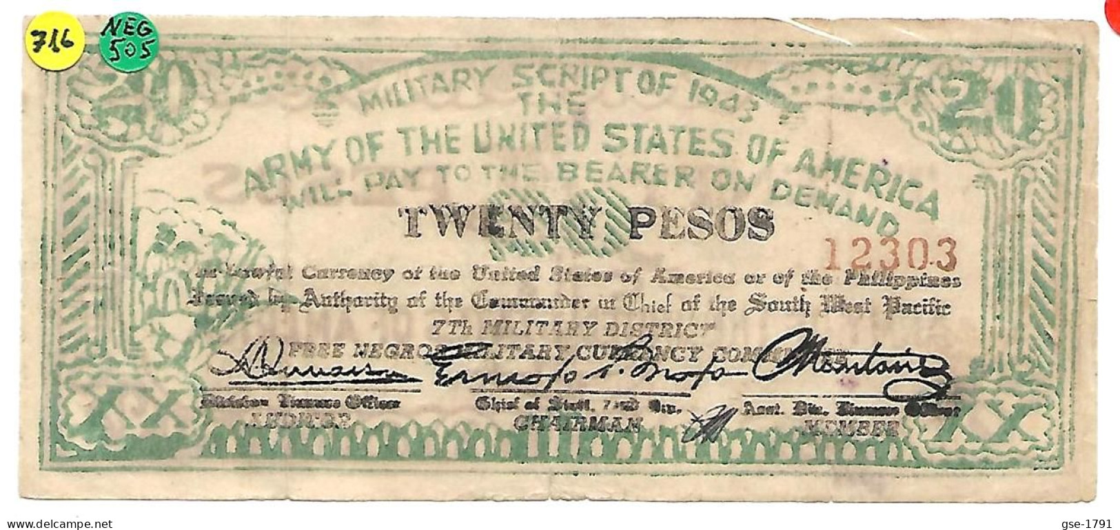 PHILIPPINES  ARMY Of The U. S. Of AMERICA  Free NEGROS  1943  ,  20 Pesos #716  PACIFIC SUD-OUEST , TB+ - Philippines