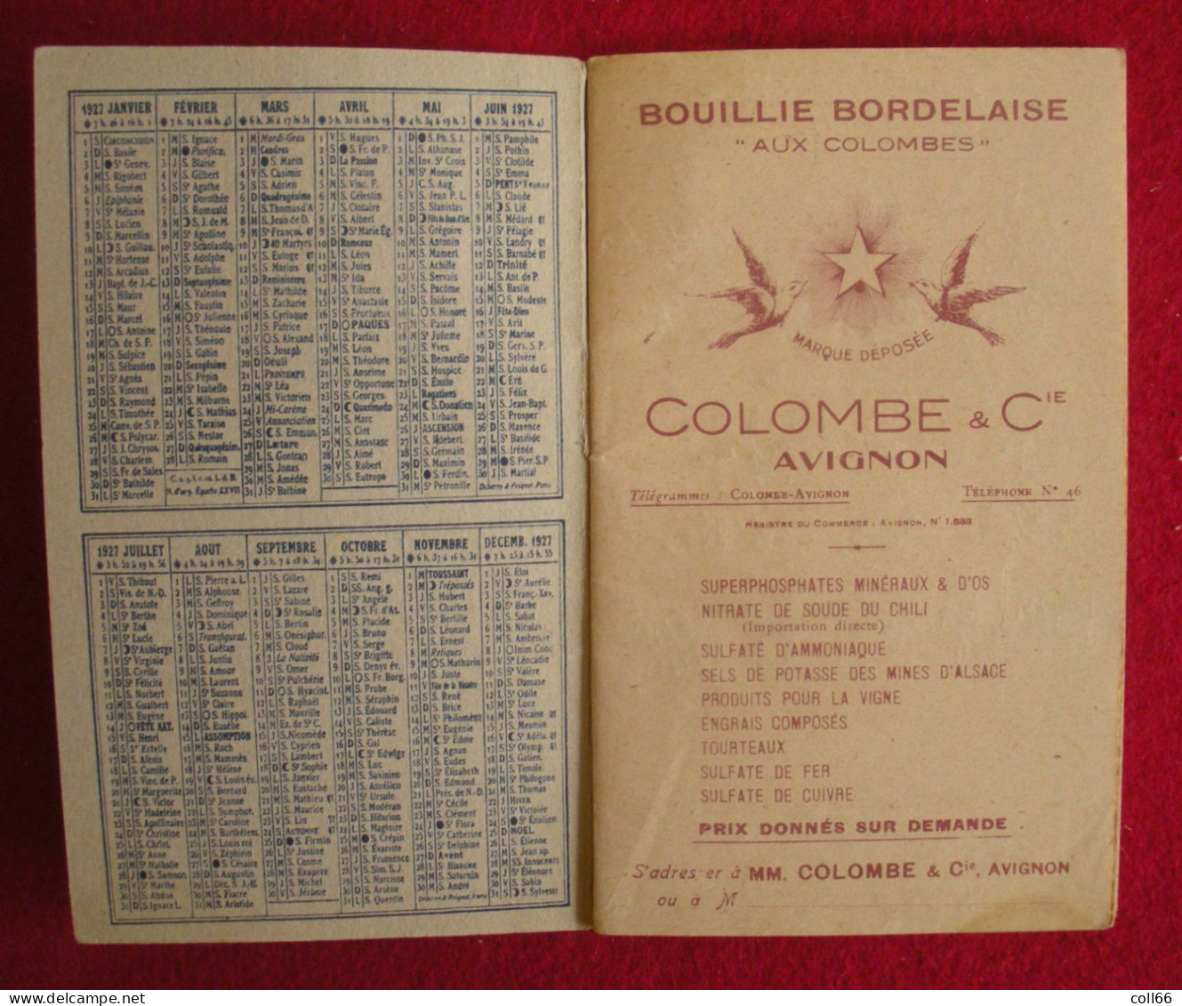 1927 Calendrier Agenda Publicité Colombe & Cie Produits Chimiques Agricoles Imp Orcel Marseille 8x13.5cm - Petit Format : 1921-40