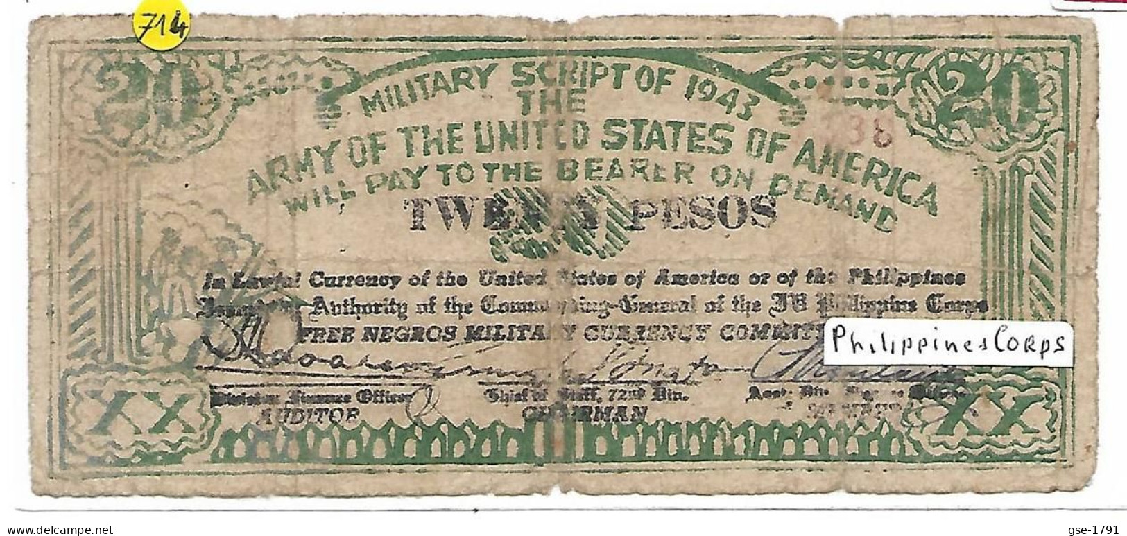PHILIPPINES  ARMY Of The U. S. Of AMERICA  Free NEGROS  1943  ,  20 Pesos #714  PHILIPPINES  CORPS,  Circulé - Philippines