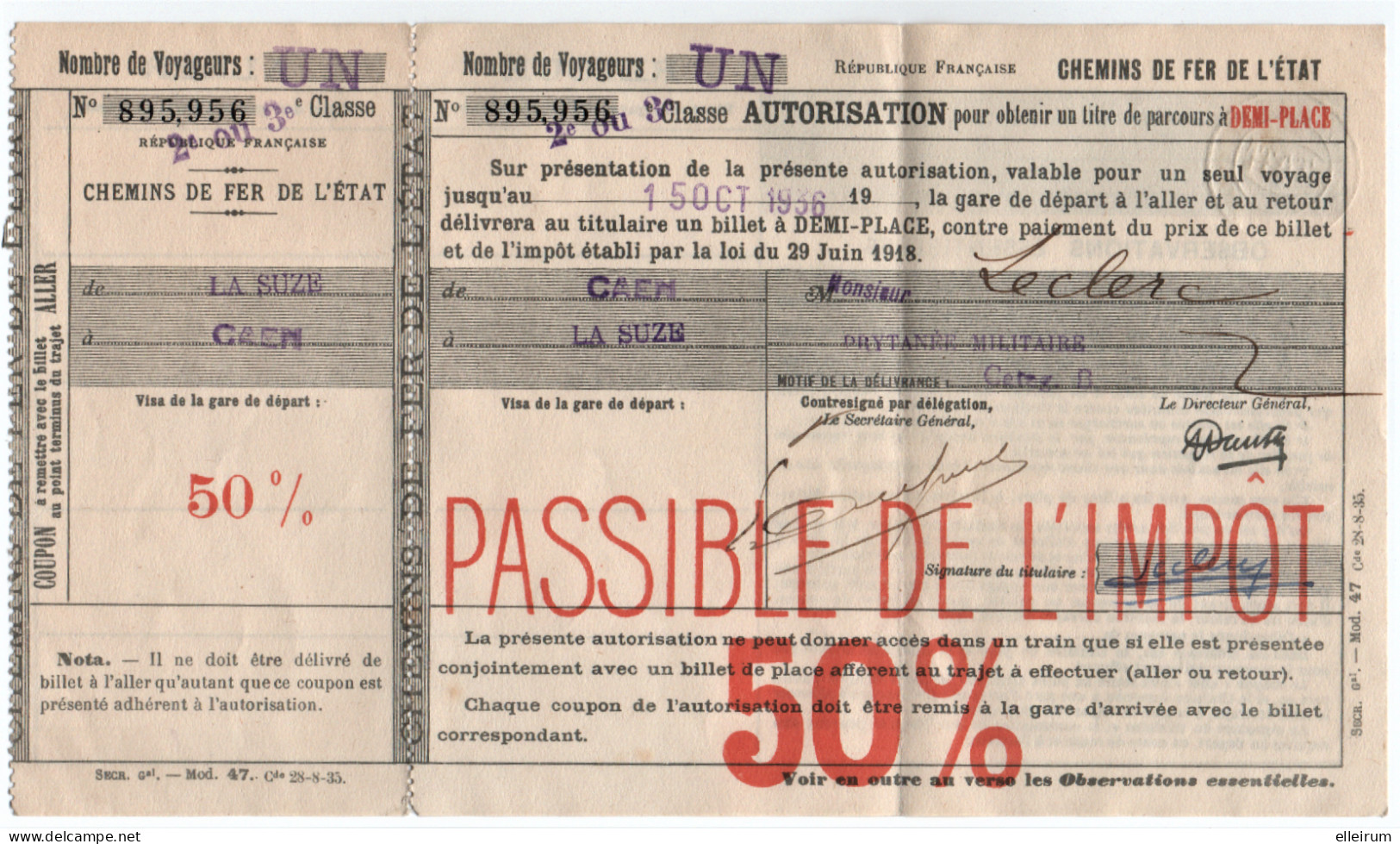 SNCF.  LA SUZE (72) CAEN (14) TITRE De TRANPORT à DEMI-PLACE. PASSIBLE De L'IMPOT 50%. 1936. - Sin Clasificación