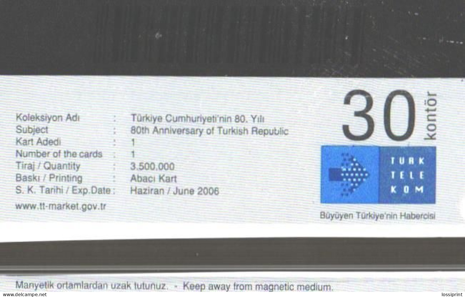 Turkey:Used Phonecard, Türk Telekom, 30 Units, 80, 2006 - Türkei