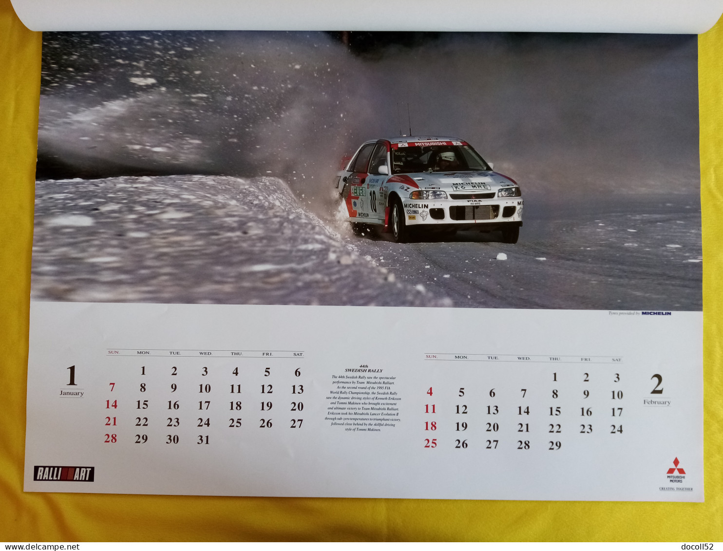 RARE ENSEIGNE MURALE DE CONCESSIONNAIRE MITSUBISHI MOTORS 62CMSX49CMS + 2 GRANDS CALENDRIERS MITSUBISHI RALLYE 1996/1997