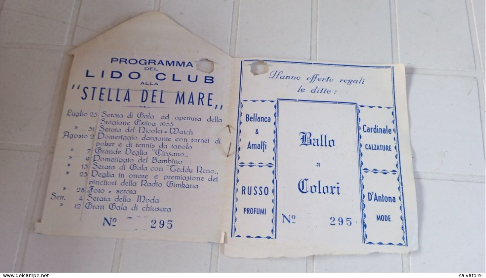 PROGRAMMA DEL LIDO CLUB " STELLA DEL MARE " MONDELLO 1953 - Programmes