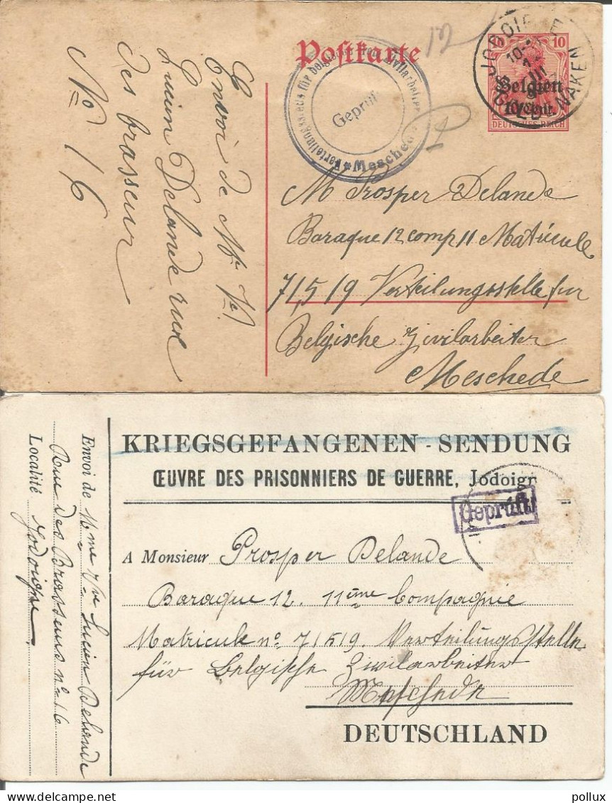 2X Verteilungsstelle Für Belgische Zivilarbeiter MESCHEDE Guerre 1914/18 Censure  Départ Jodoigne Geldenaken - Kriegsgefangenschaft