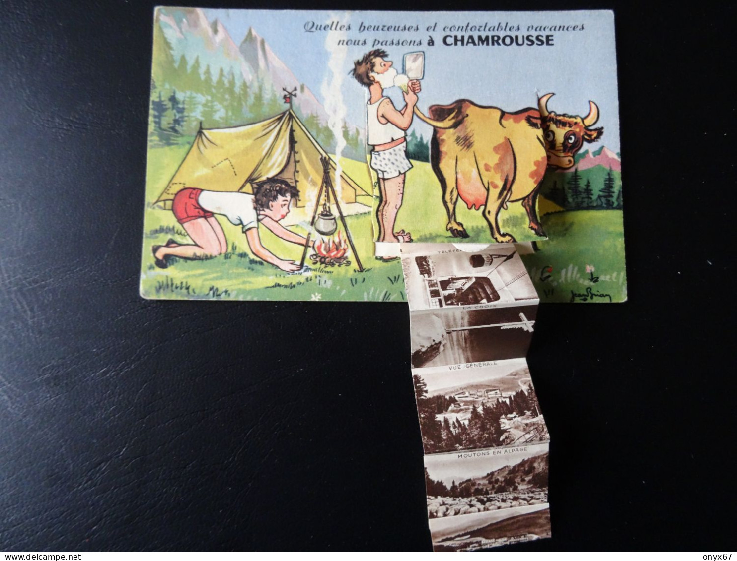 Carte Postale Fantaisie Dessin Système CHAMROUSSE-38-Isère-Sous La Tente-Tirette 10 Vues-Camping-Tente-Vache - Chamrousse