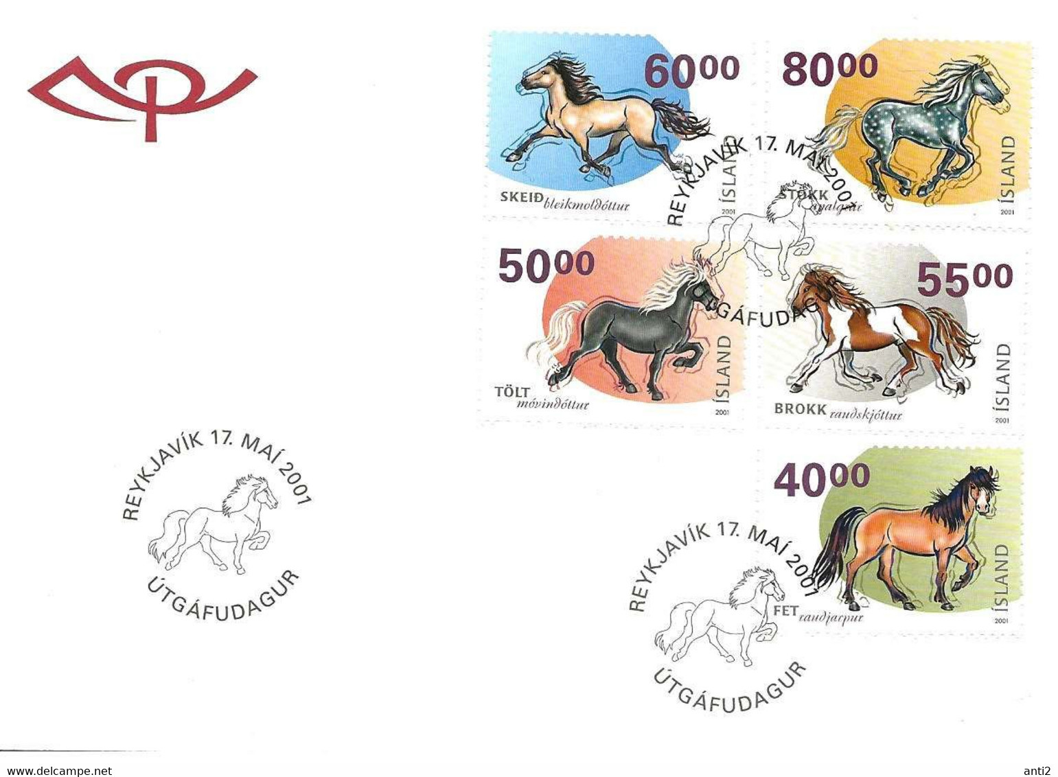 Island Iceland  2001 The Icelandic Horse In Different Colour Types And In Its Typical Five Gaits Mi  983-987 FDC - Brieven En Documenten