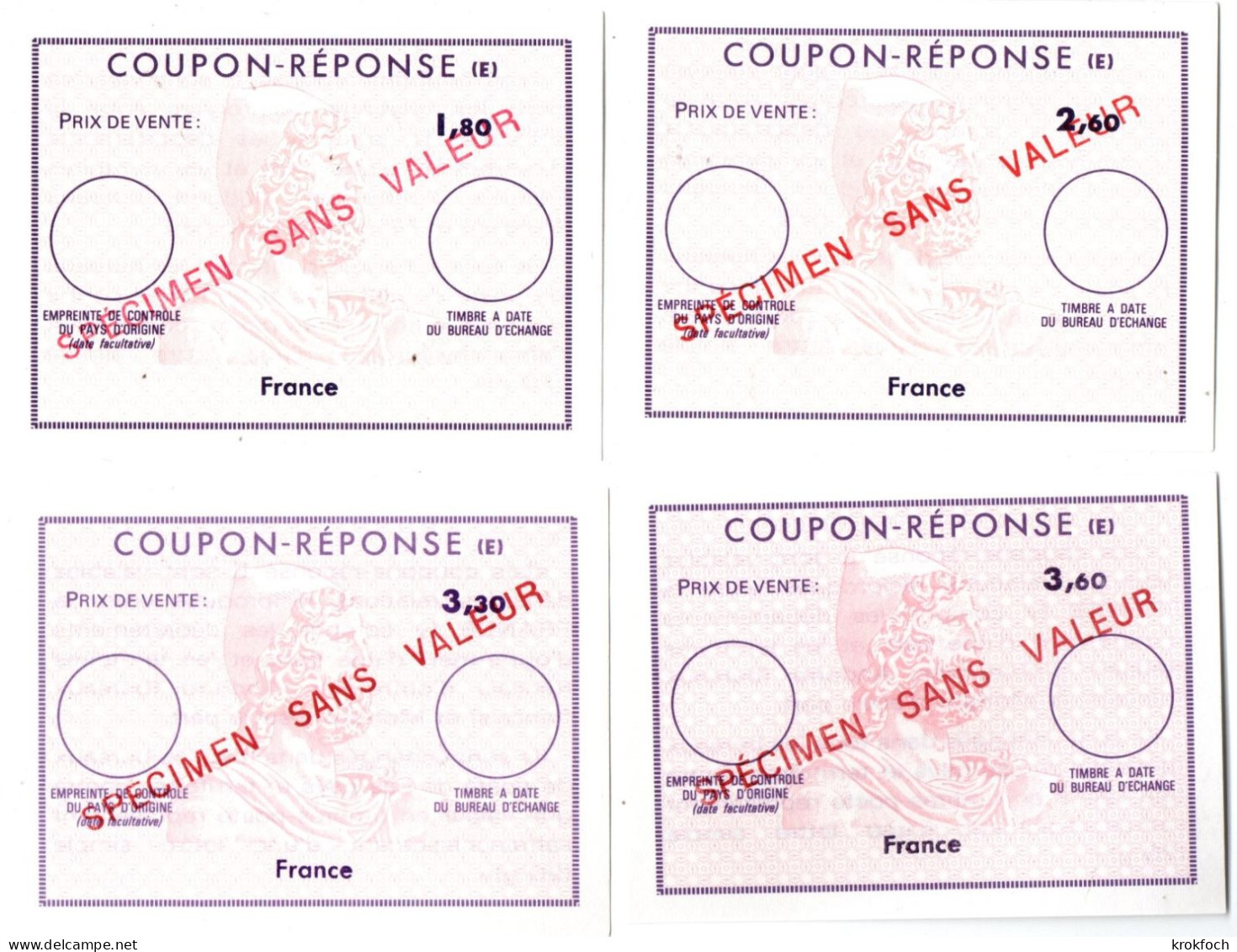 Specimen Sans Valeur - 4 Coupon-réponse France Pour Cours D'instruction - 1,80 2,60 3,30 3,60 F - CRI IRC IAS - Coupons-réponse