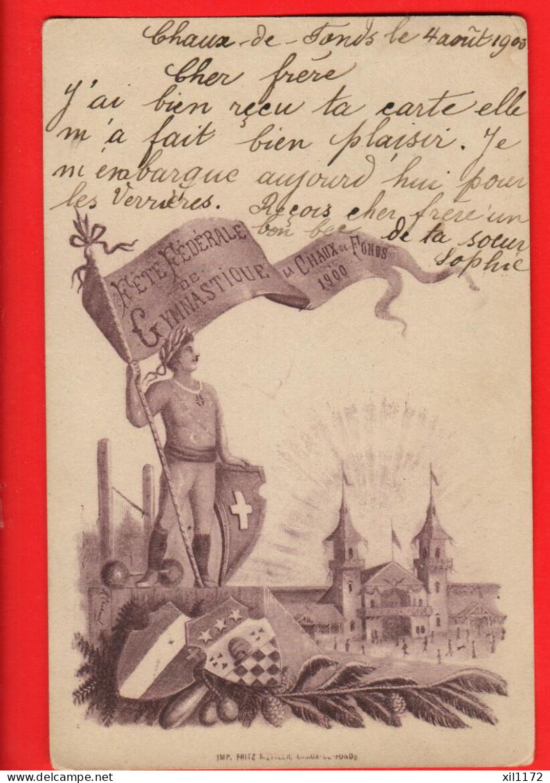 GLF-02  RARE Litho La Chaux-de-Fonds Fête Fédérale De Gymnastique De 1900. Imprimerie Fritz Pionier. Circulé 1900 - Autres & Non Classés