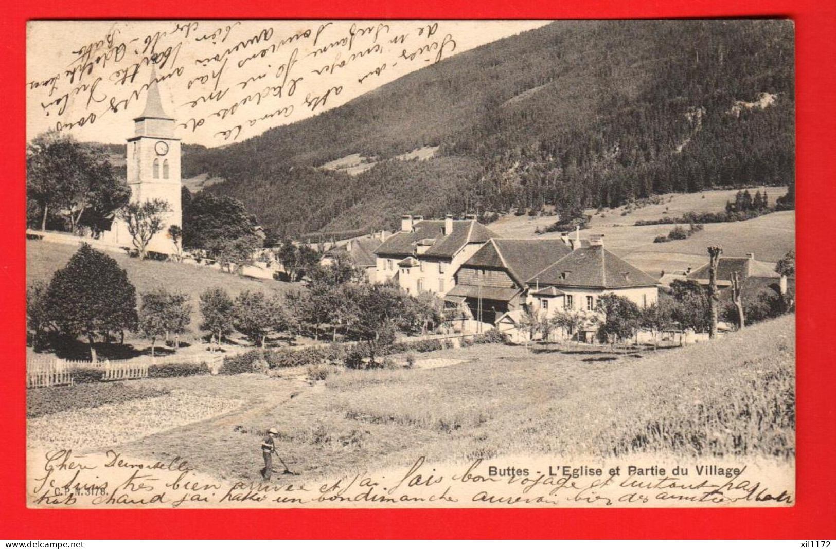 GLF-20 Buttes  Val De Travers . Eglise Et Partie Du Village.  Dos Simple. Circulé 1905. CPN 3778 - Buttes 