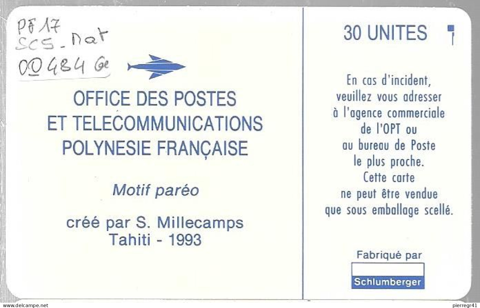 CARTE-PUCE-POLYNESIE-PF17-30U-SC5-S/Entourage-PAREO BLEU Mat-V°5 Ge 00484-00 Envers--UTILISE-TBE- - Polynésie Française