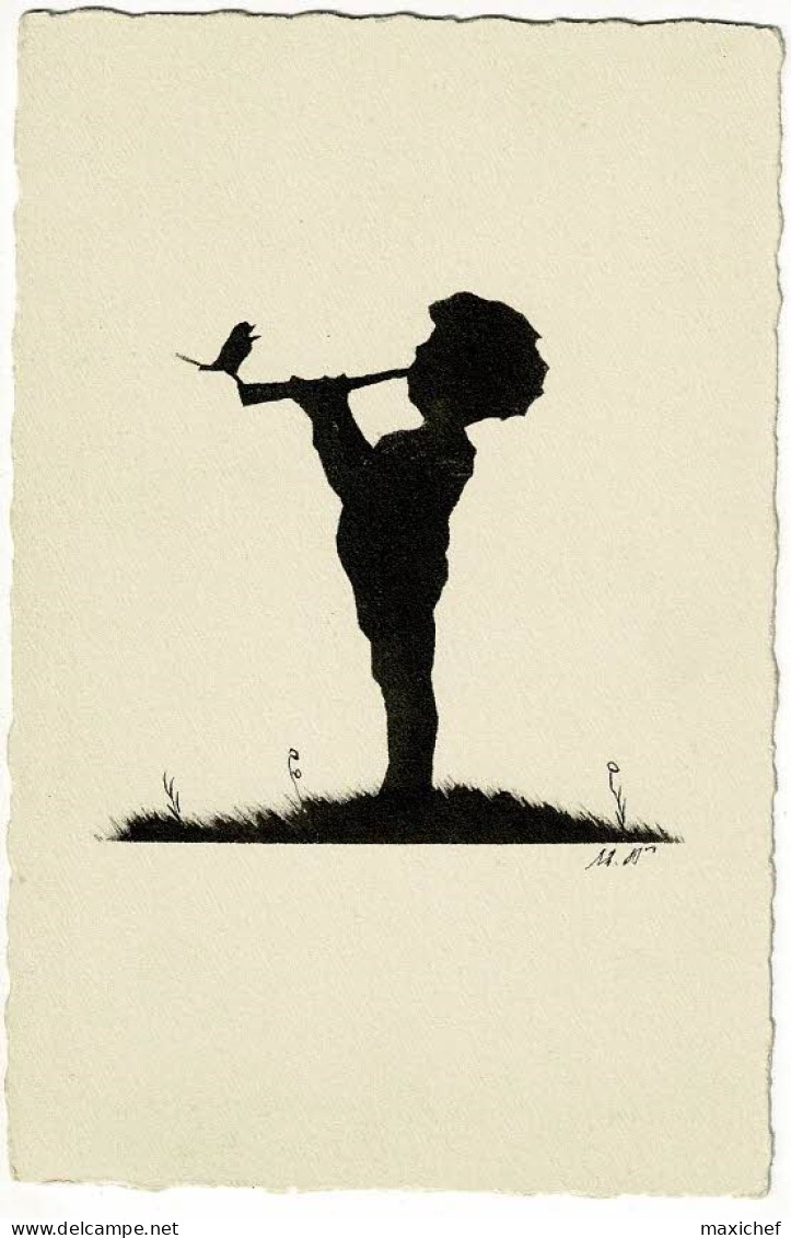 Carte Peinte à La Main Par M N - Enfant Soufflant Dans Un Pipeau, Un Oiseau Chante Pour L'accompagner - Pas Circ - Silhouettes